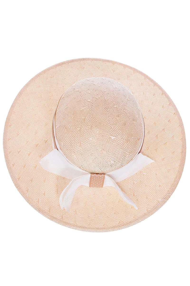 1980s Sonni Natural Straw Hat With Polka Dot Ribbon & Bow