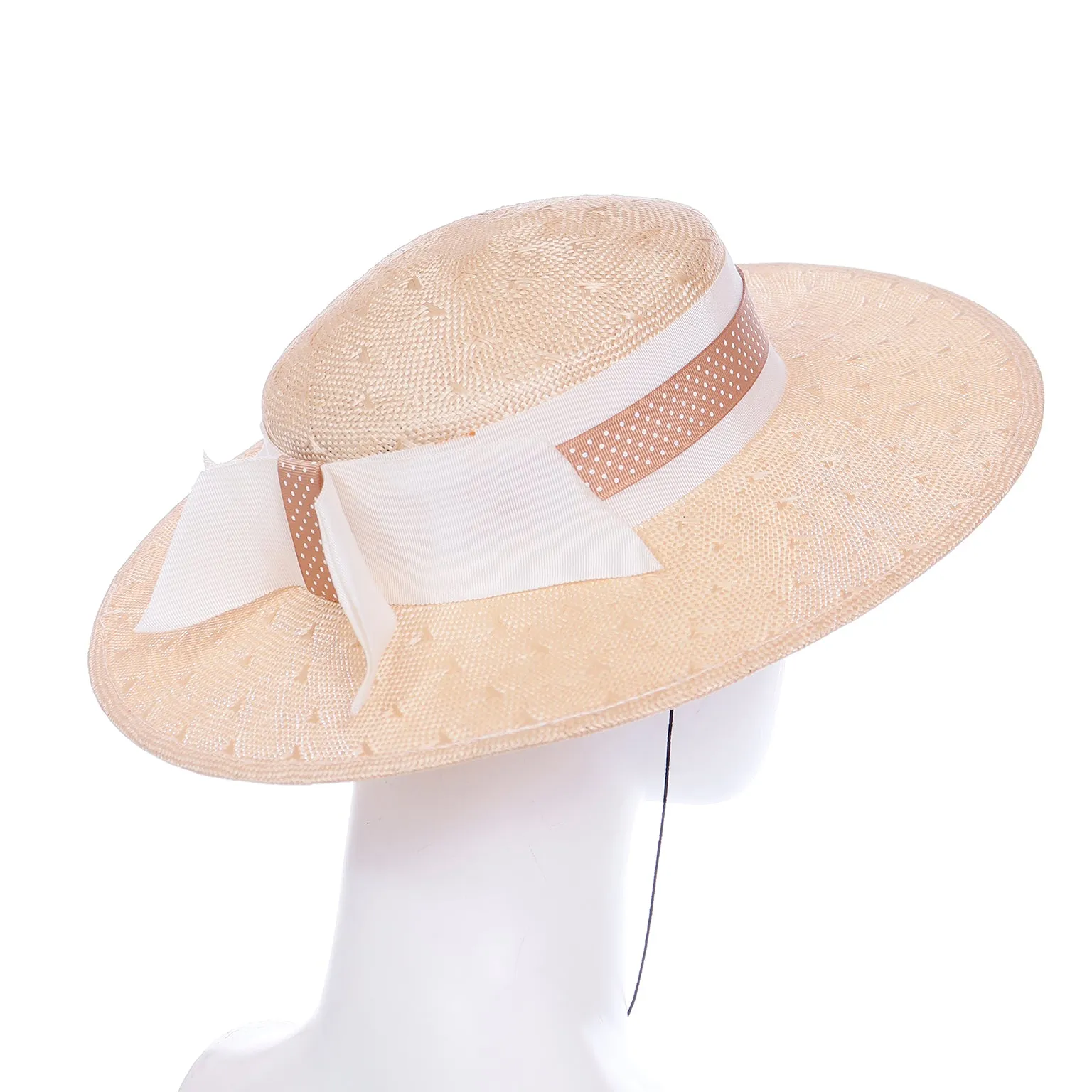 1980s Sonni Natural Straw Hat With Polka Dot Ribbon & Bow
