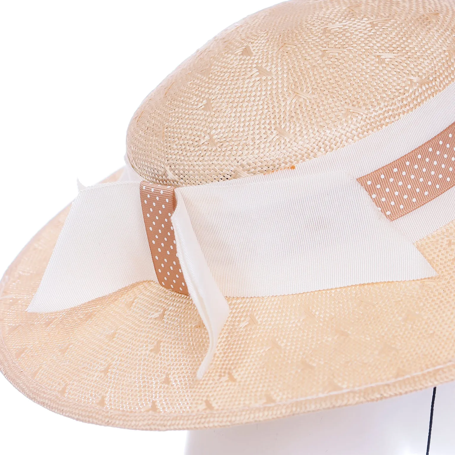 1980s Sonni Natural Straw Hat With Polka Dot Ribbon & Bow