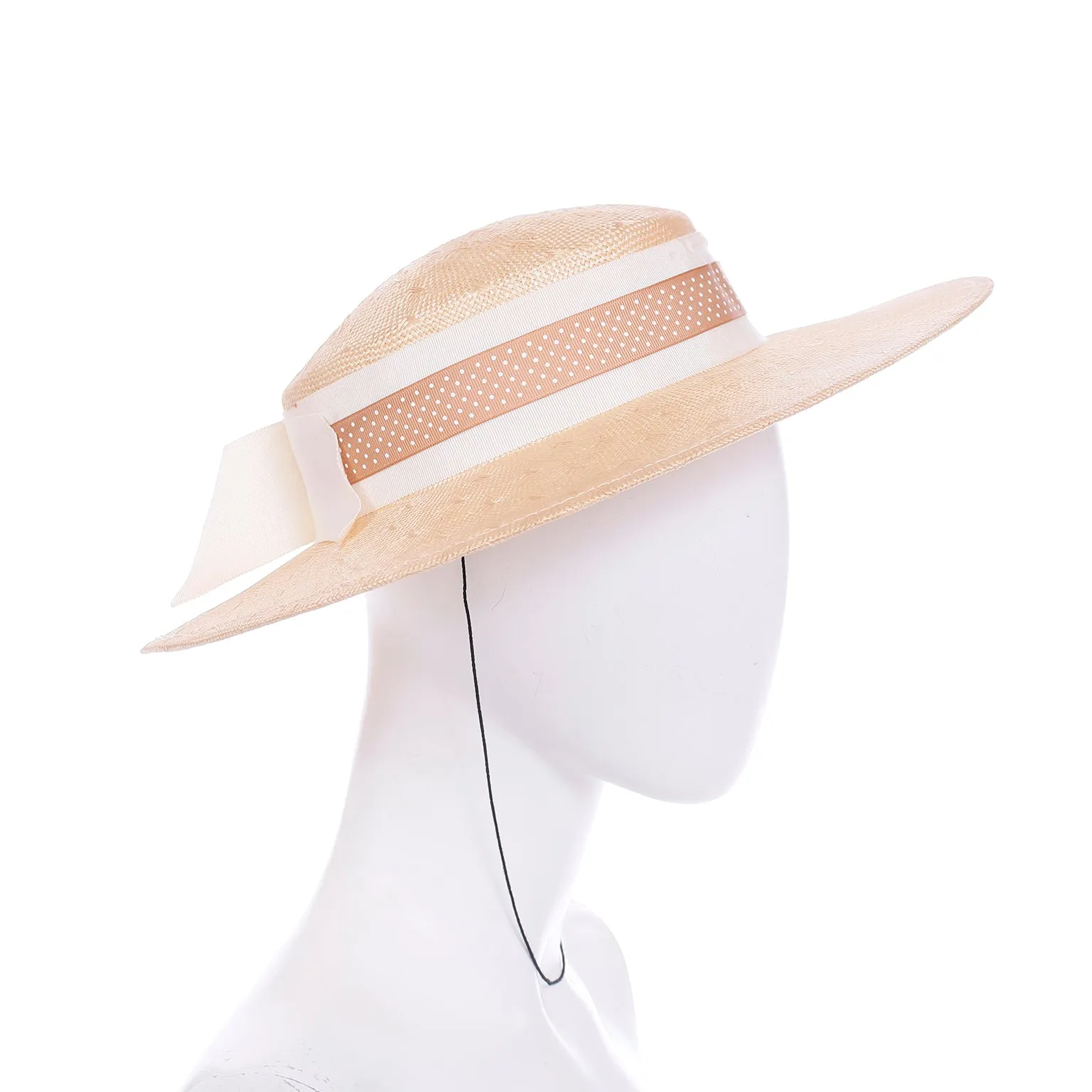 1980s Sonni Natural Straw Hat With Polka Dot Ribbon & Bow