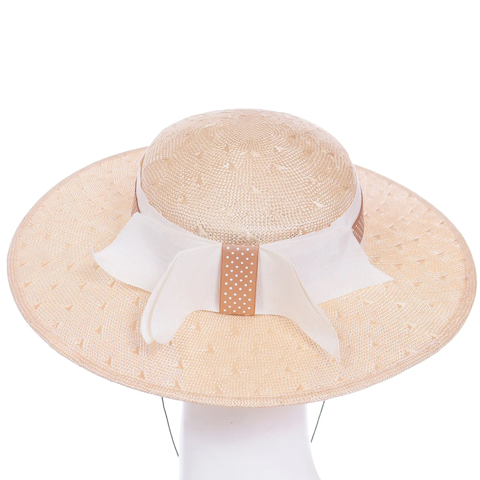 1980s Sonni Natural Straw Hat With Polka Dot Ribbon & Bow