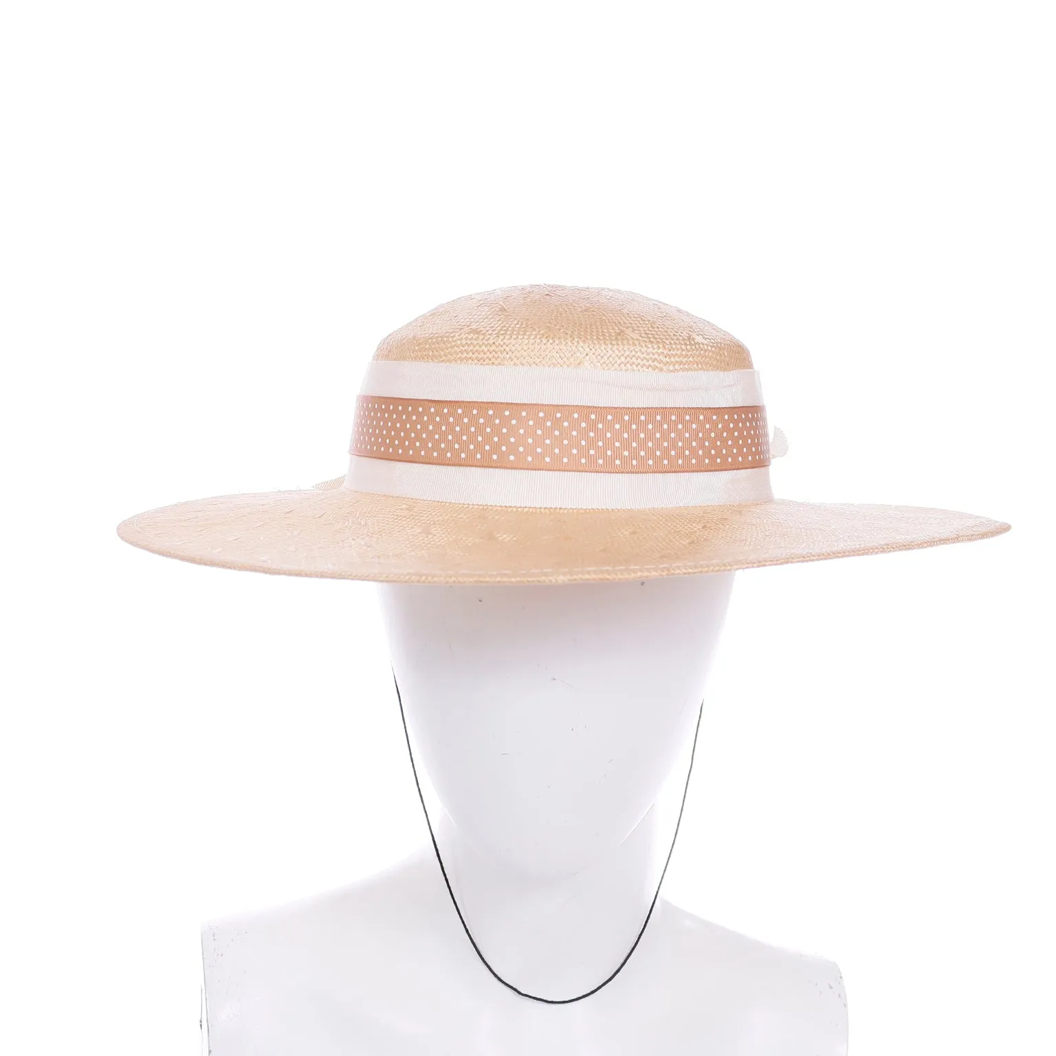 1980s Sonni Natural Straw Hat With Polka Dot Ribbon & Bow