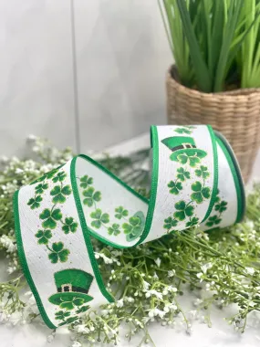 2.5 Inch By 10 Yard White Linen Shamrocks St. Patrick Hat Ribbon