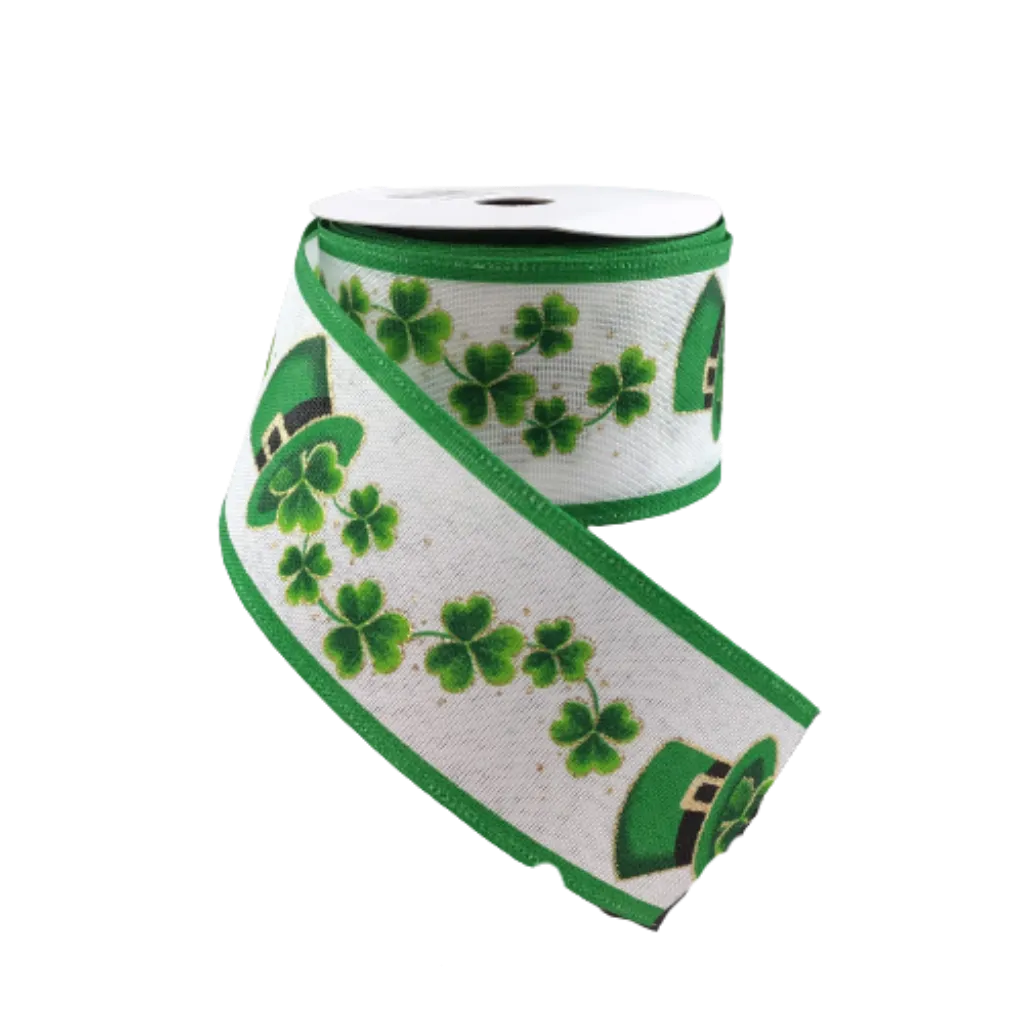 2.5 Inch By 10 Yard White Linen Shamrocks St. Patrick Hat Ribbon