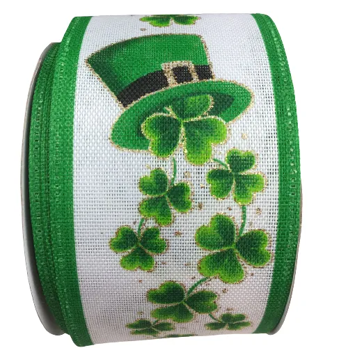 2.5 Inch By 10 Yard White Linen Shamrocks St. Patrick Hat Ribbon