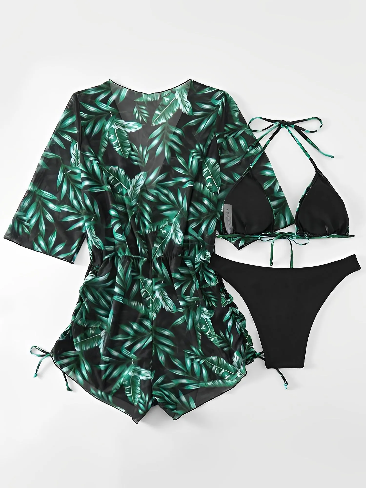 3 Pieces Halter Lace-Up Bikinis & Printed Beach Cover Ups Set
