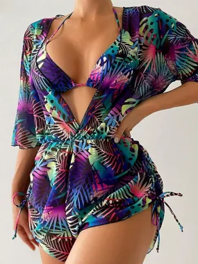 3 Pieces Halter Lace-Up Bikinis & Printed Beach Cover Ups Set