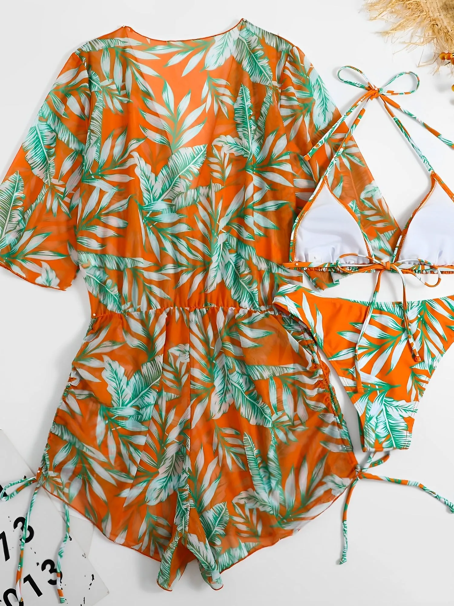 3 Pieces Halter Lace-Up Bikinis & Printed Beach Cover Ups Set