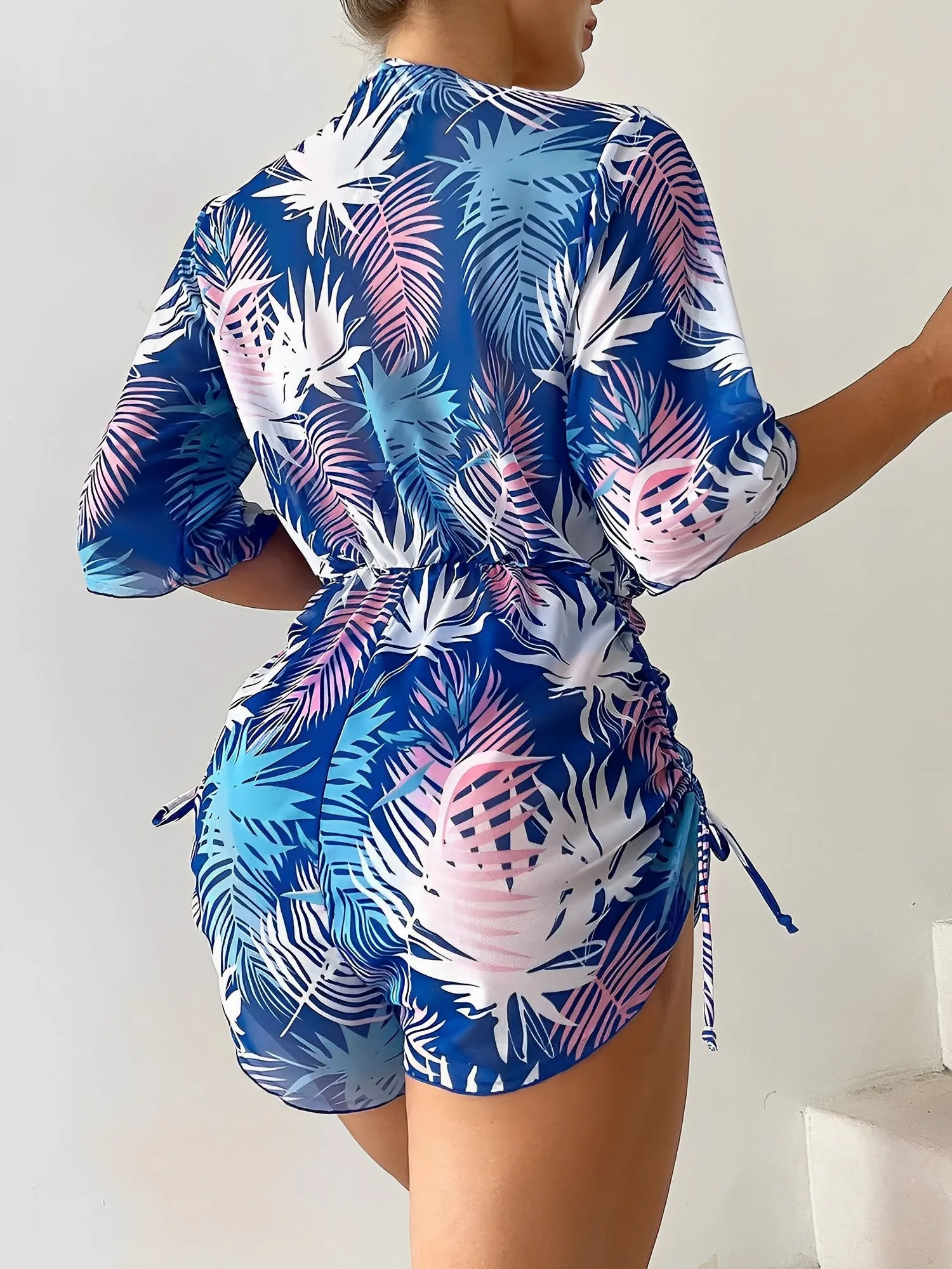 3 Pieces Halter Lace-Up Bikinis & Printed Beach Cover Ups Set