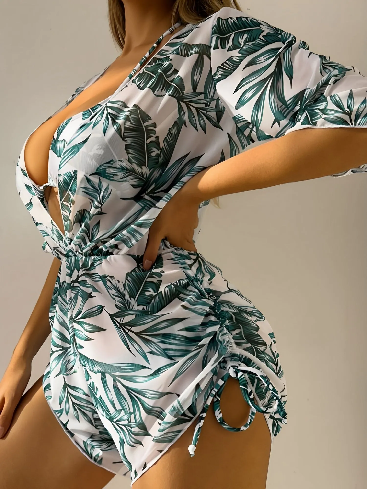 3 Pieces Halter Lace-Up Bikinis & Printed Beach Cover Ups Set
