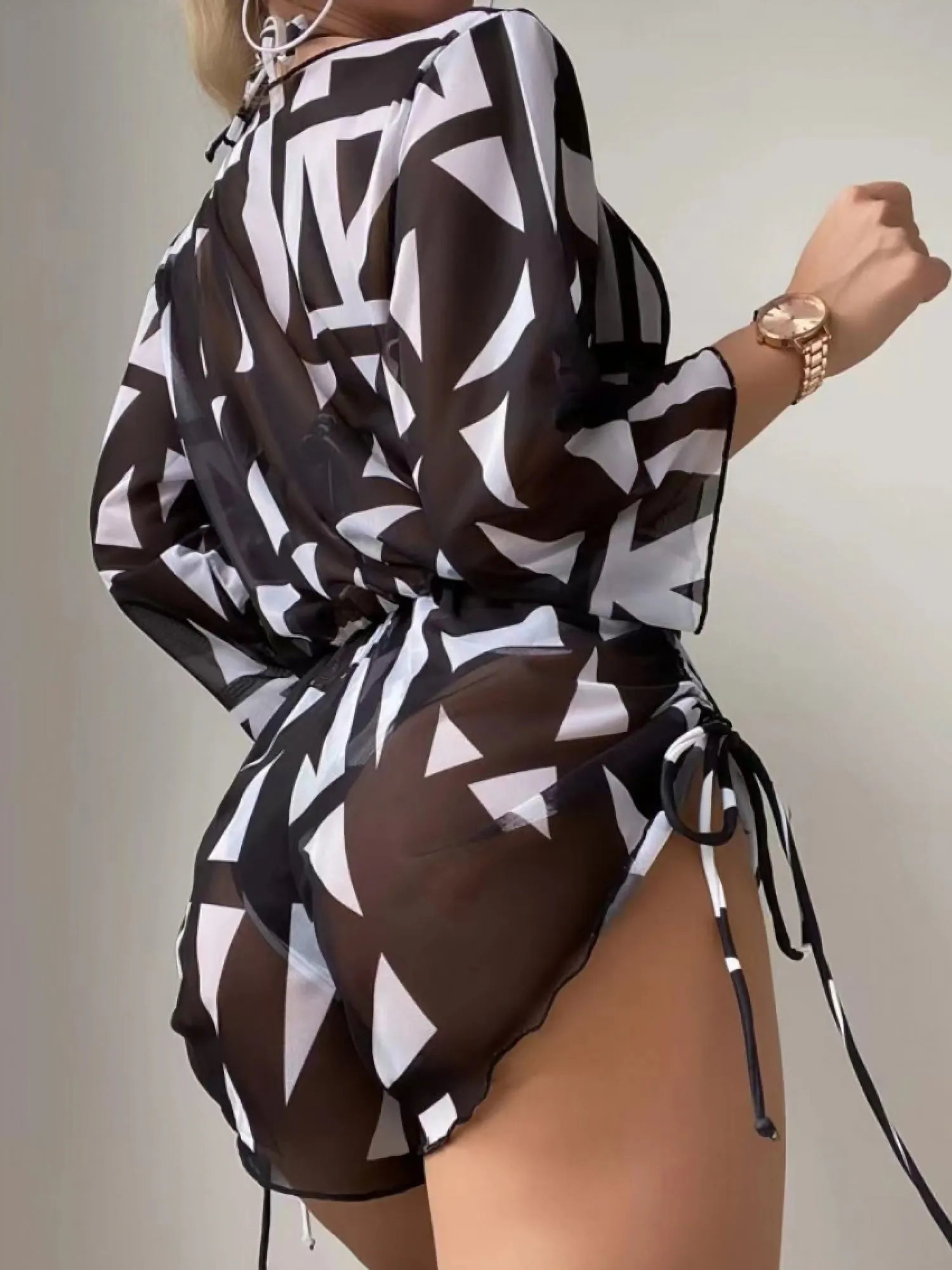 3 Pieces Halter Lace-Up Bikinis & Printed Beach Cover Ups Set