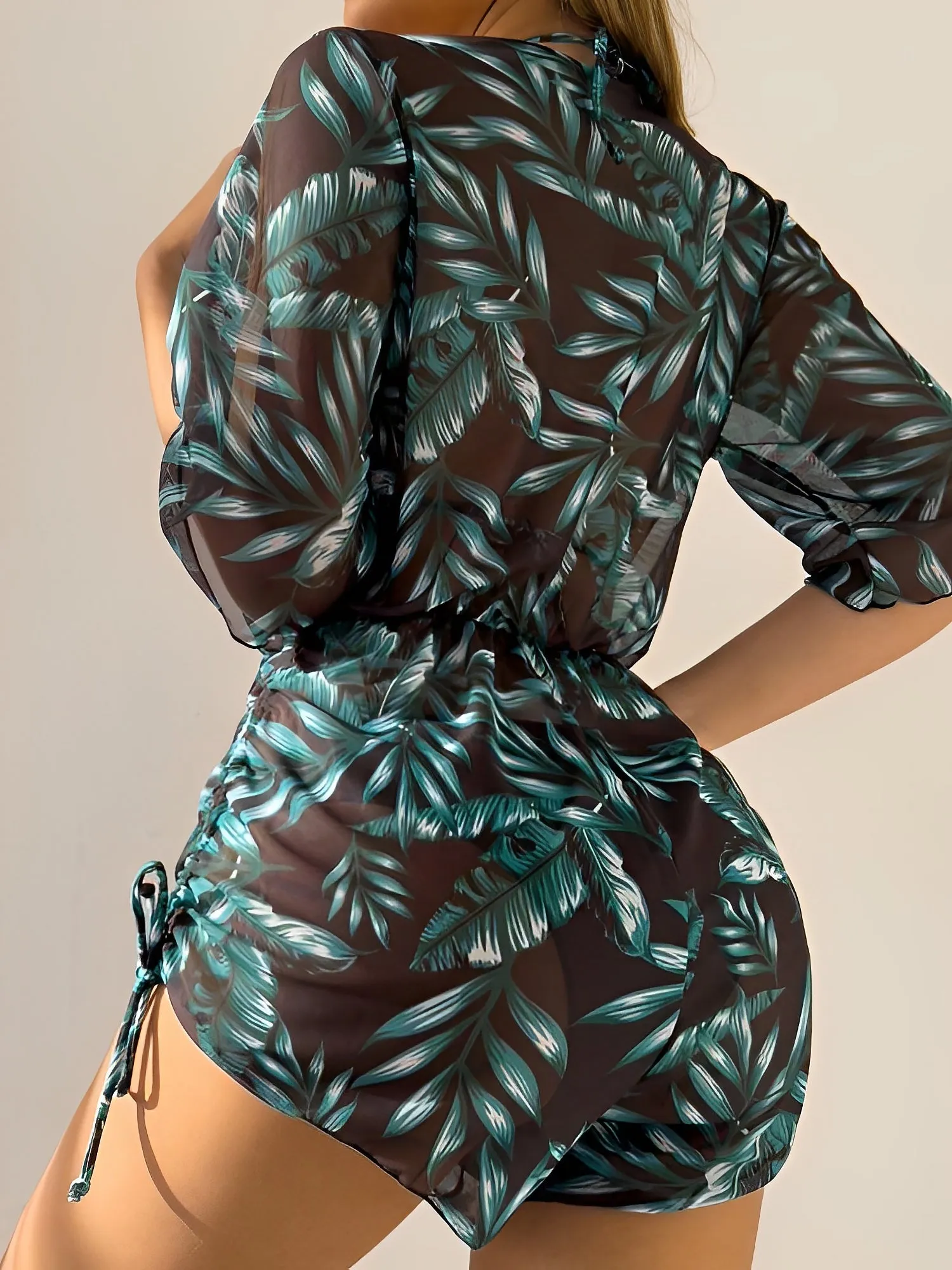 3 Pieces Halter Lace-Up Bikinis & Printed Beach Cover Ups Set