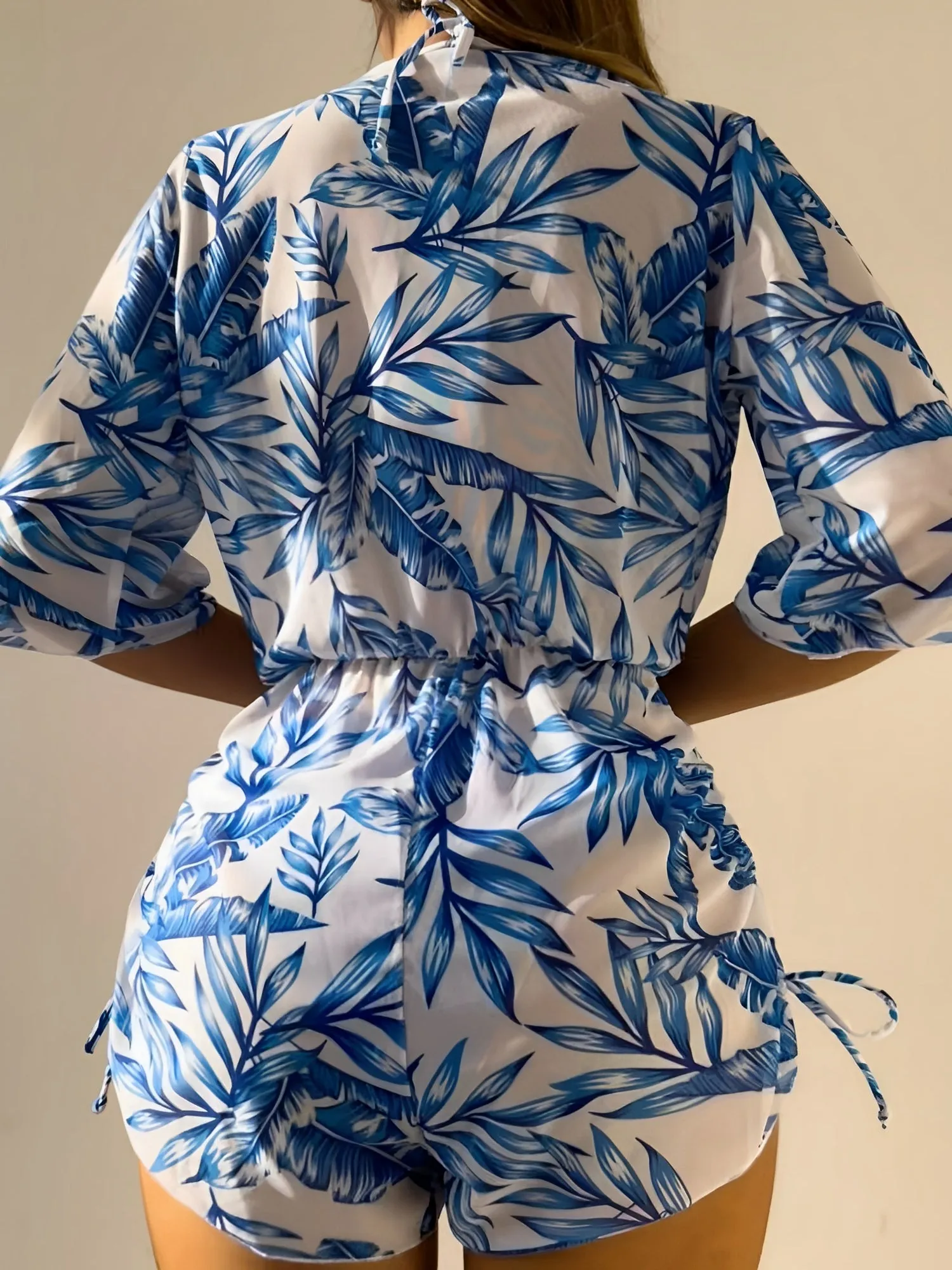 3 Pieces Halter Lace-Up Bikinis & Printed Beach Cover Ups Set