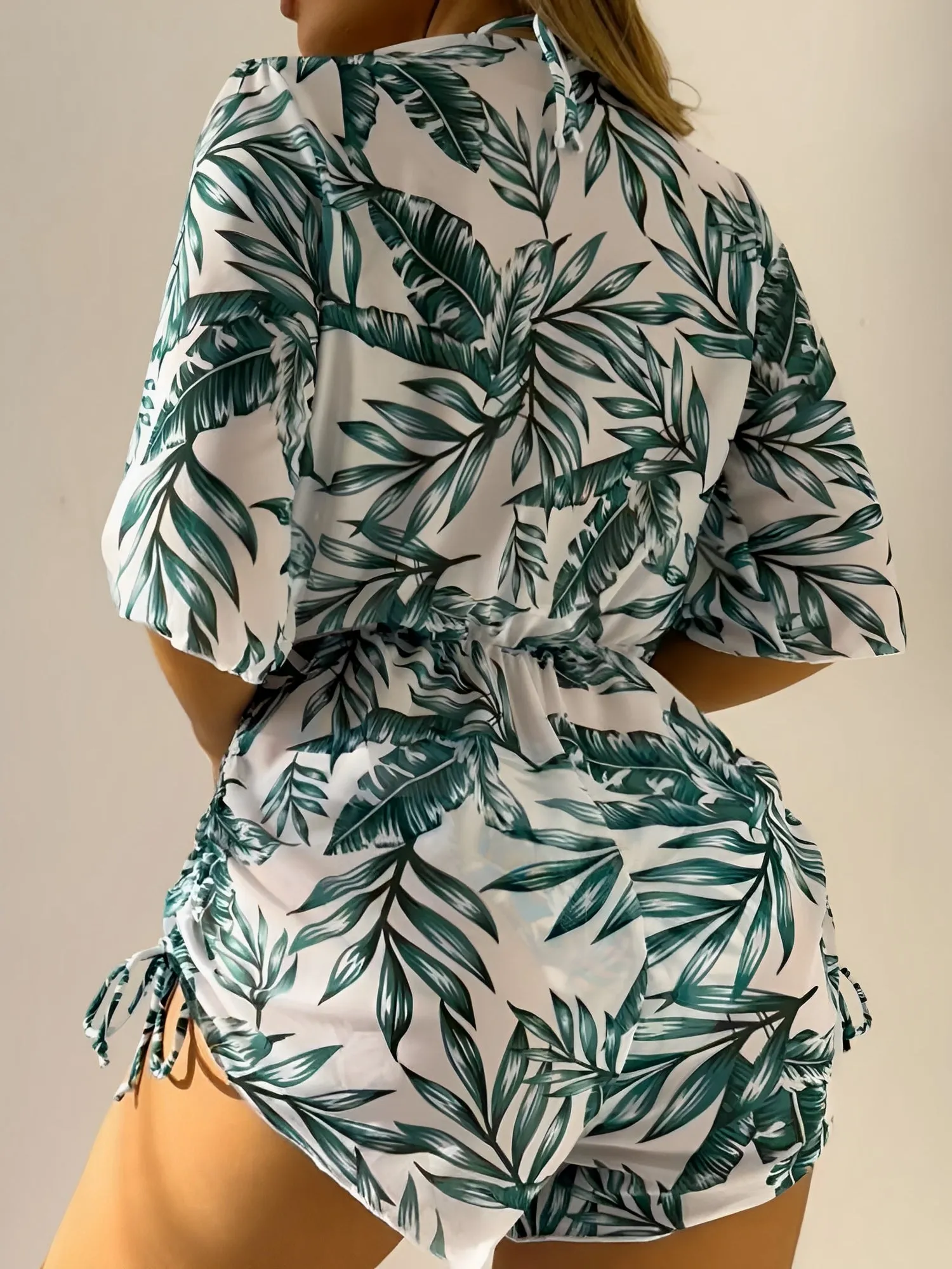 3 Pieces Halter Lace-Up Bikinis & Printed Beach Cover Ups Set