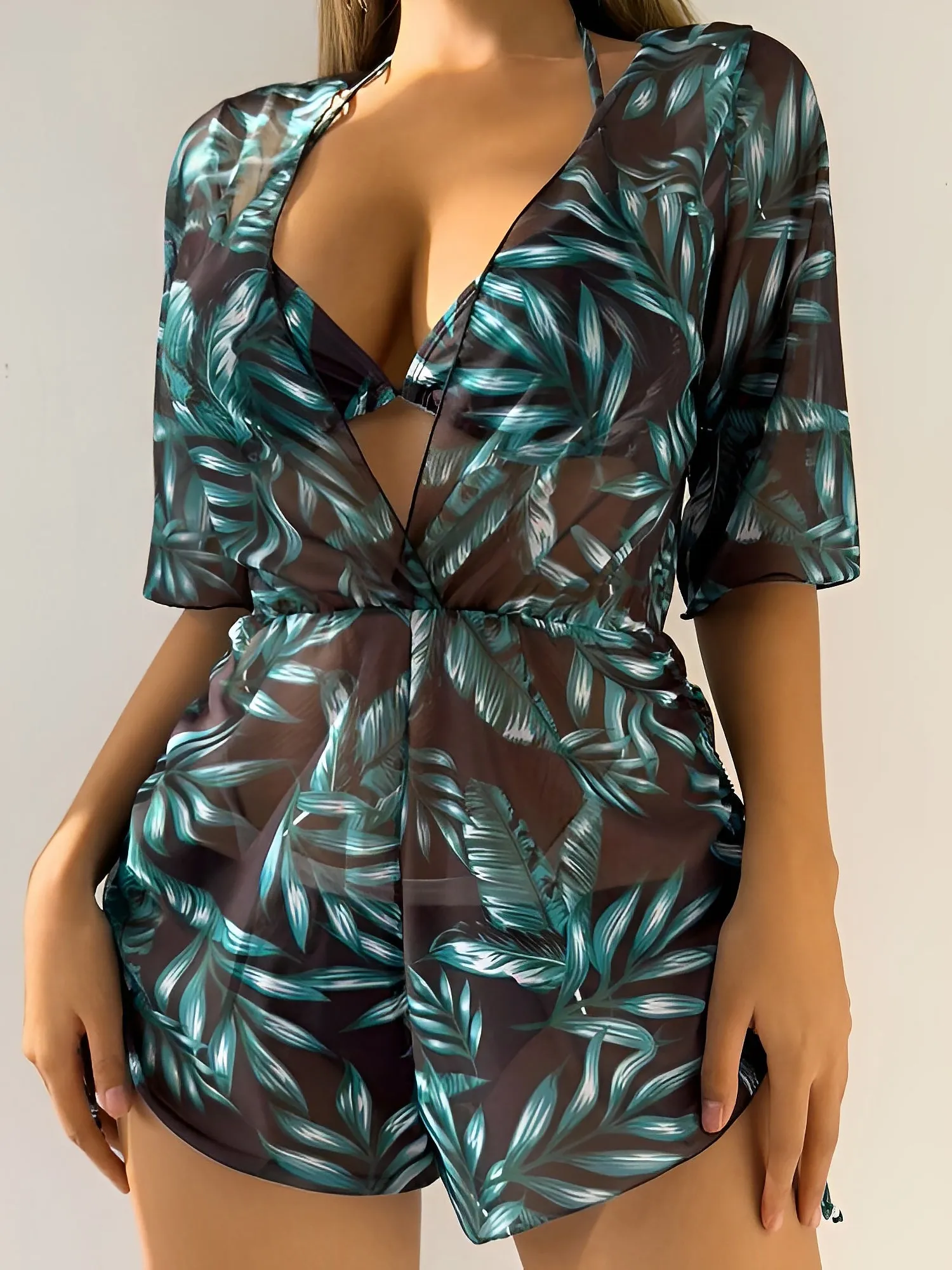 3 Pieces Halter Lace-Up Bikinis & Printed Beach Cover Ups Set