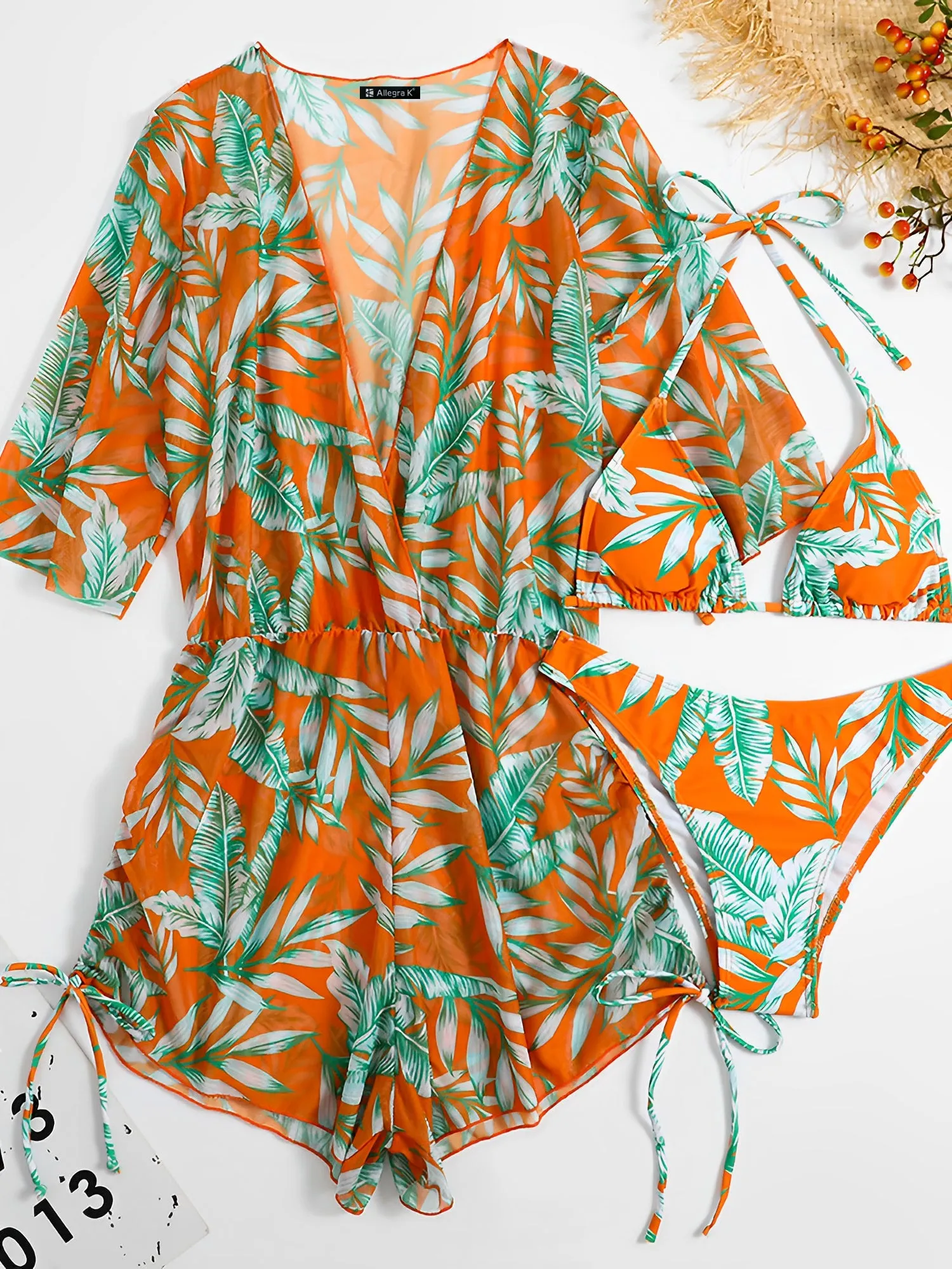 3 Pieces Halter Lace-Up Bikinis & Printed Beach Cover Ups Set