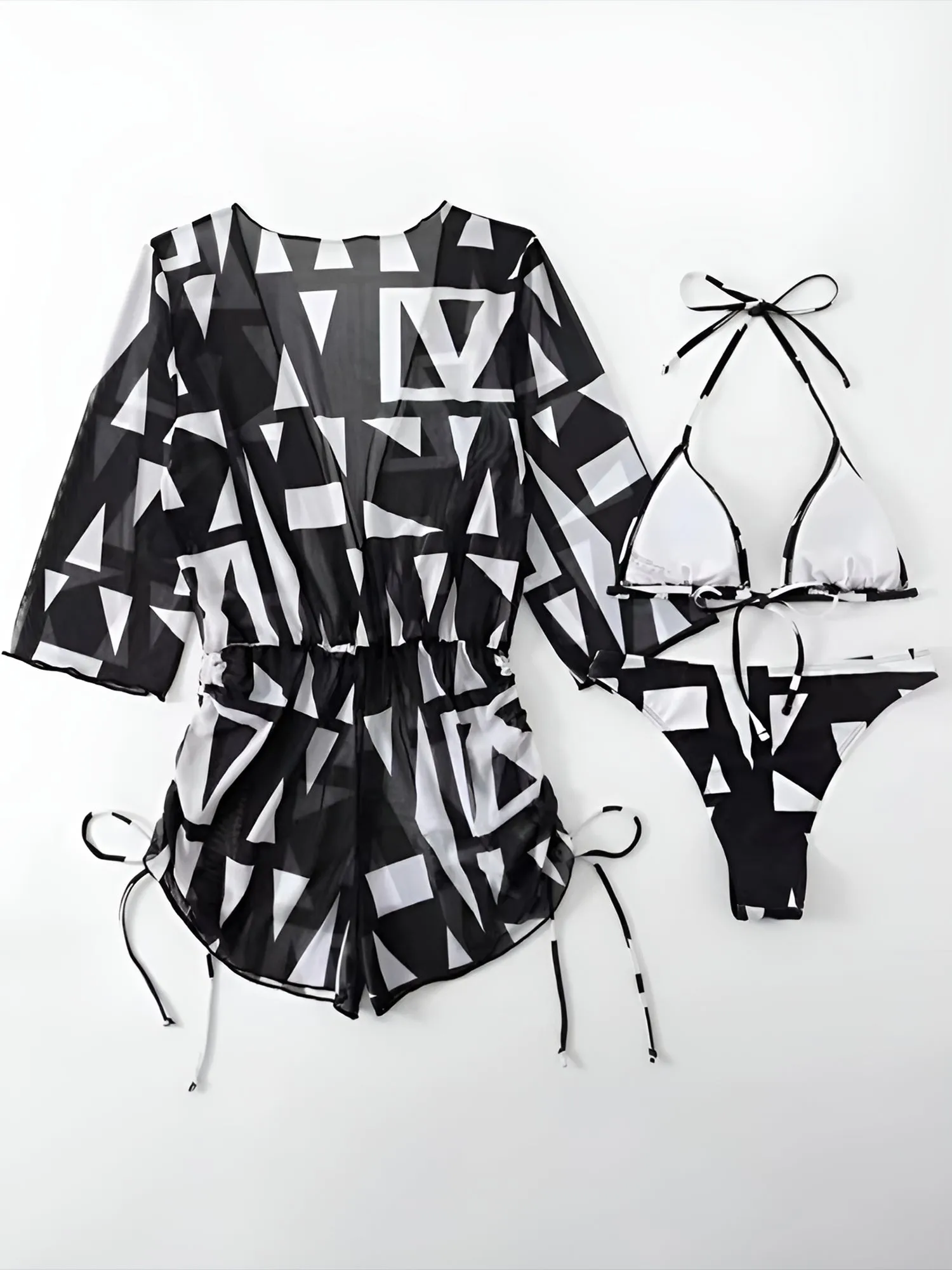 3 Pieces Halter Lace-Up Bikinis & Printed Beach Cover Ups Set