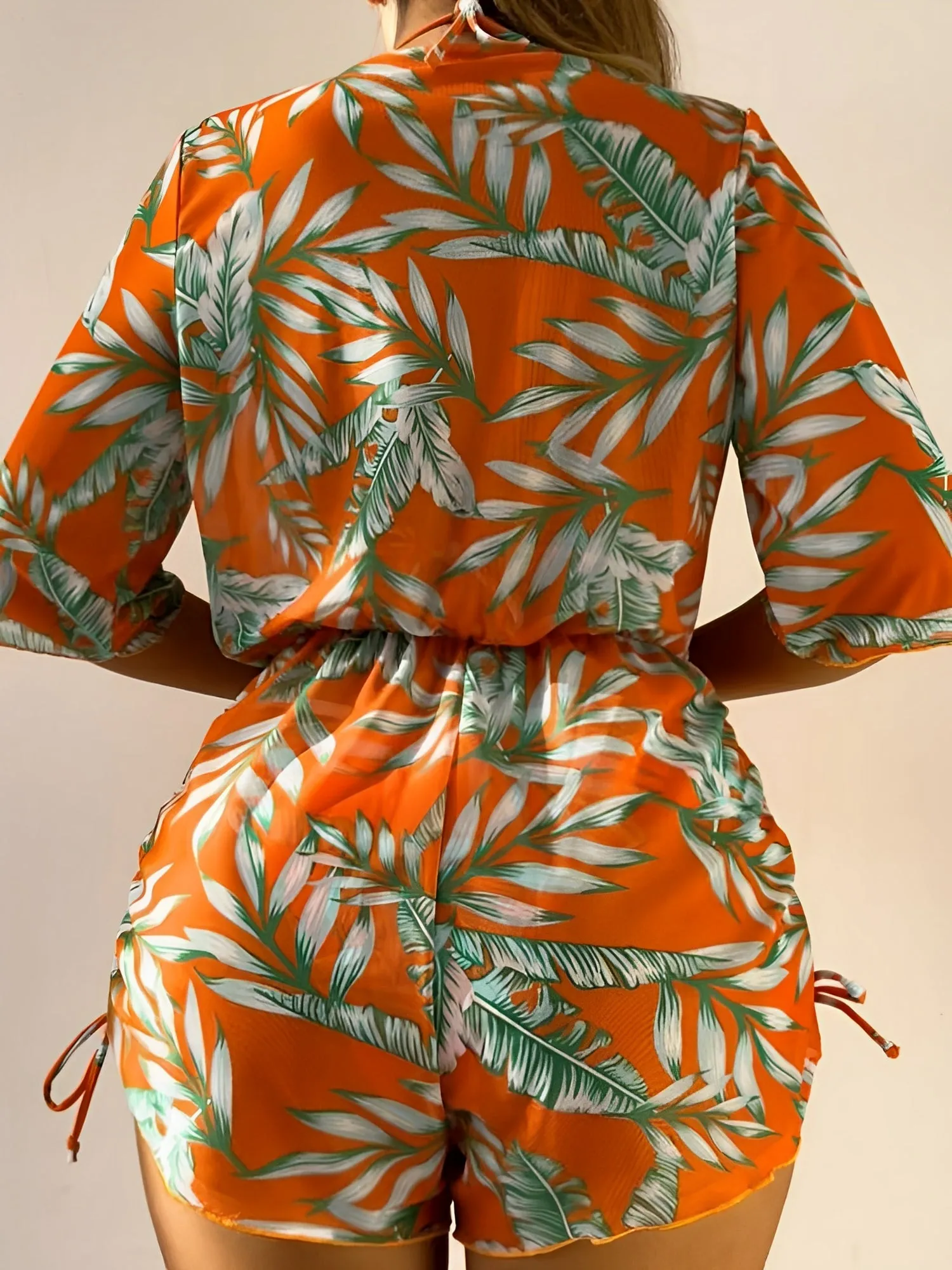 3 Pieces Halter Lace-Up Bikinis & Printed Beach Cover Ups Set