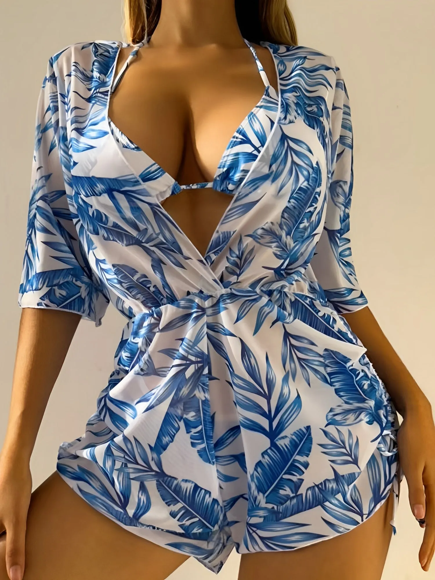 3 Pieces Halter Lace-Up Bikinis & Printed Beach Cover Ups Set