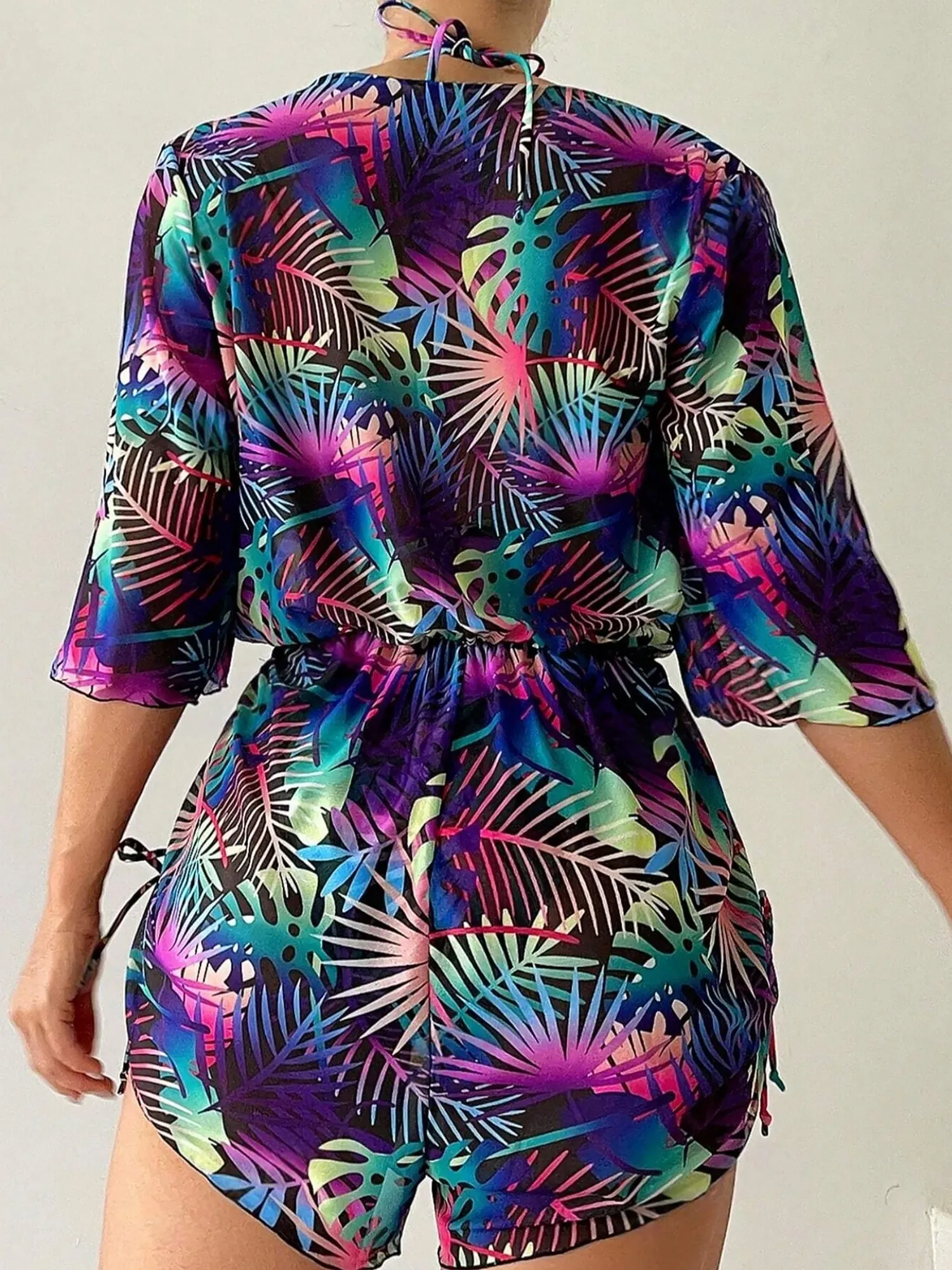 3 Pieces Halter Lace-Up Bikinis & Printed Beach Cover Ups Set