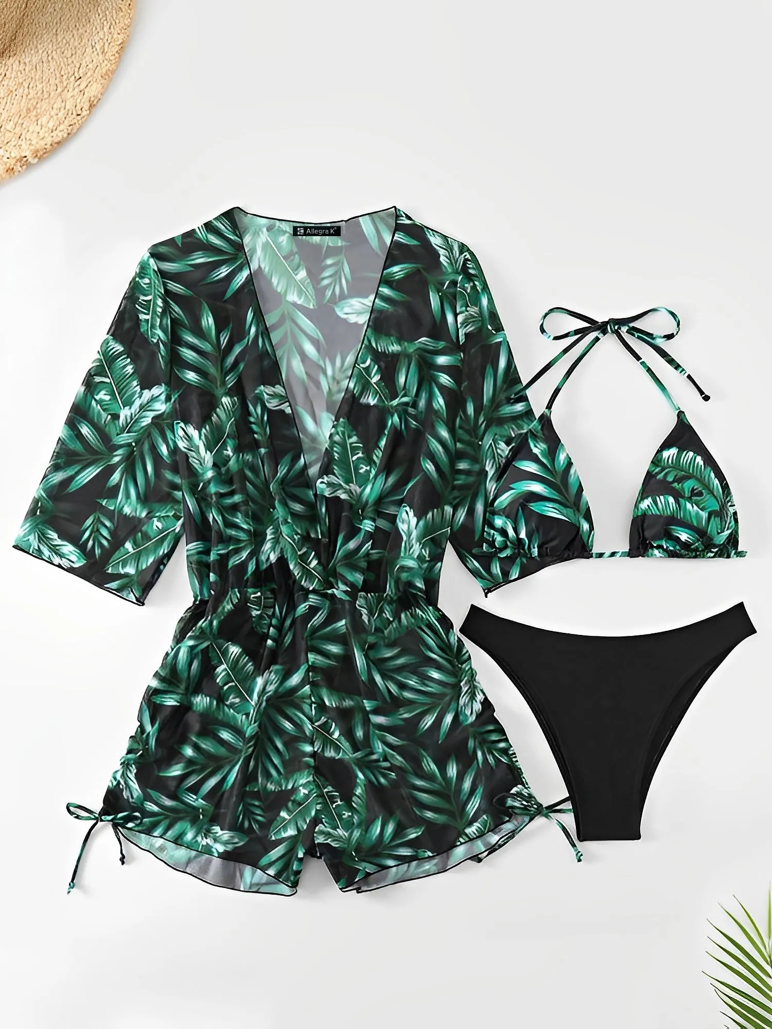3 Pieces Halter Lace-Up Bikinis & Printed Beach Cover Ups Set