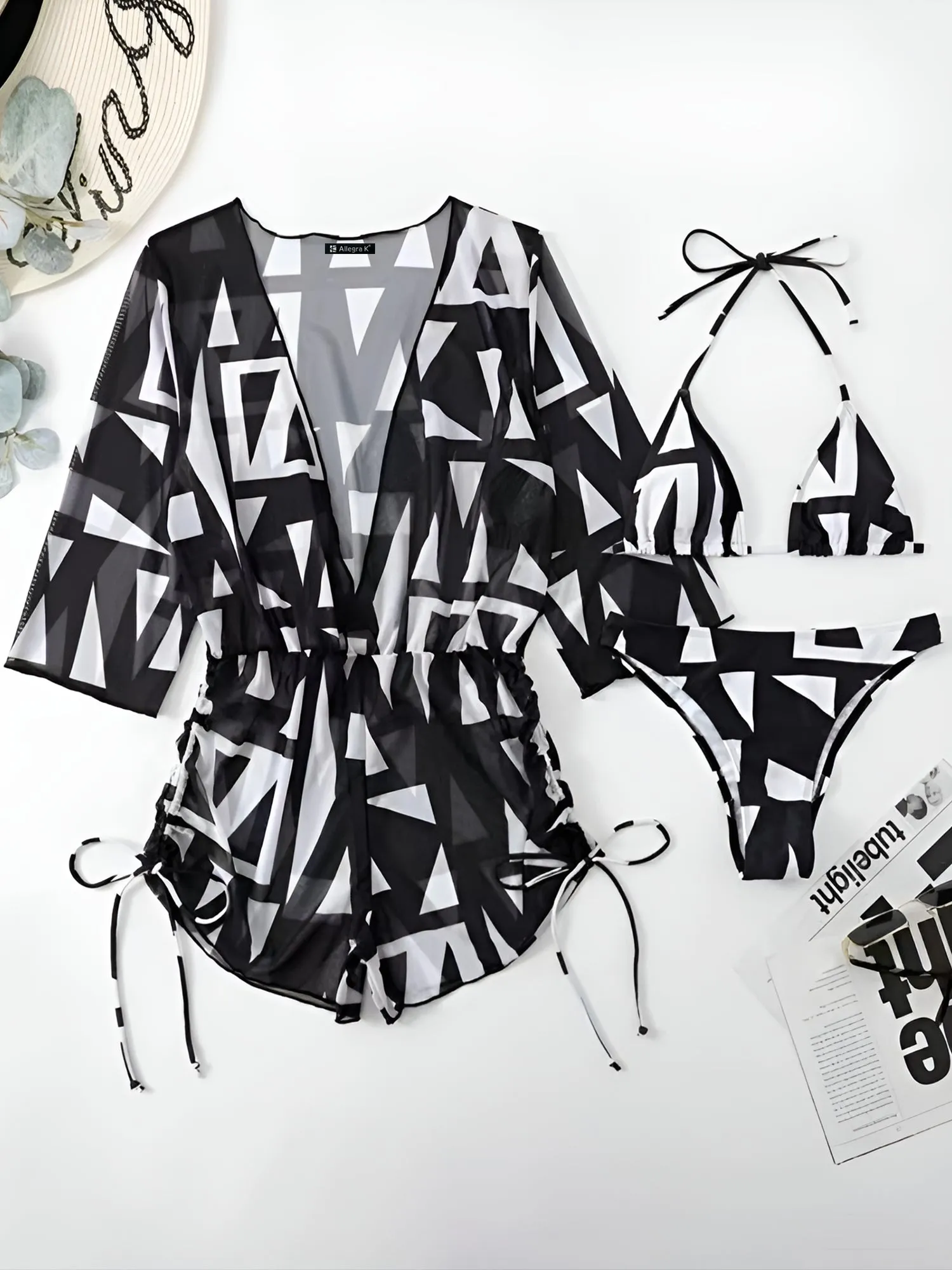 3 Pieces Halter Lace-Up Bikinis & Printed Beach Cover Ups Set