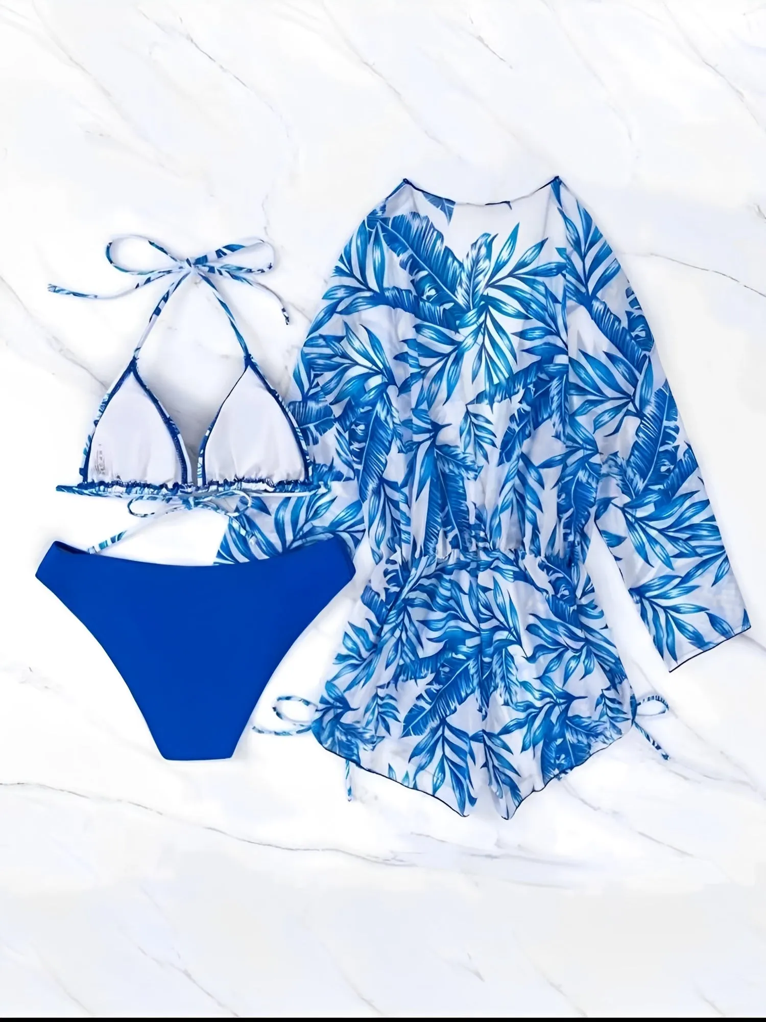 3 Pieces Halter Lace-Up Bikinis & Printed Beach Cover Ups Set