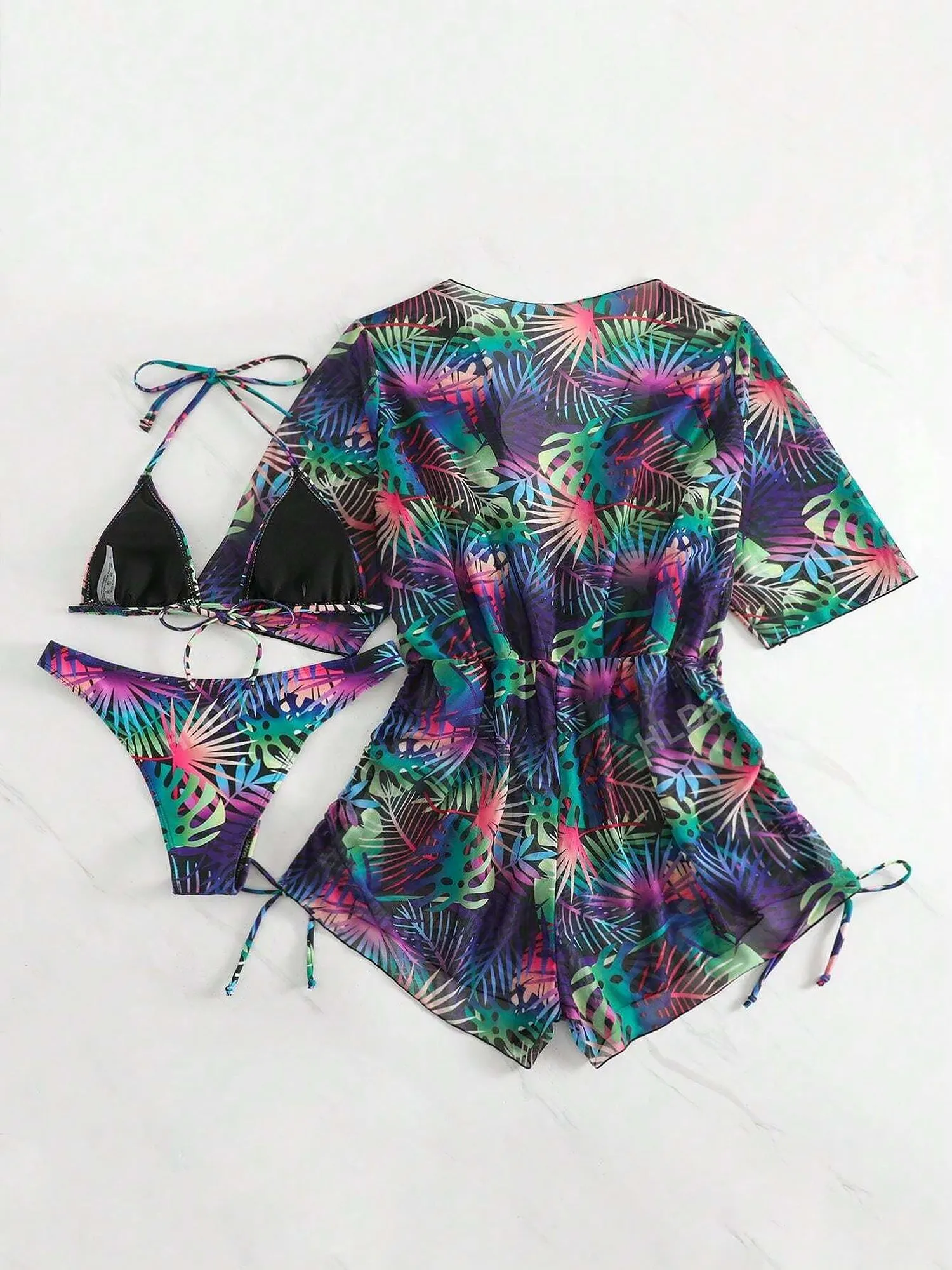 3 Pieces Halter Lace-Up Bikinis & Printed Beach Cover Ups Set
