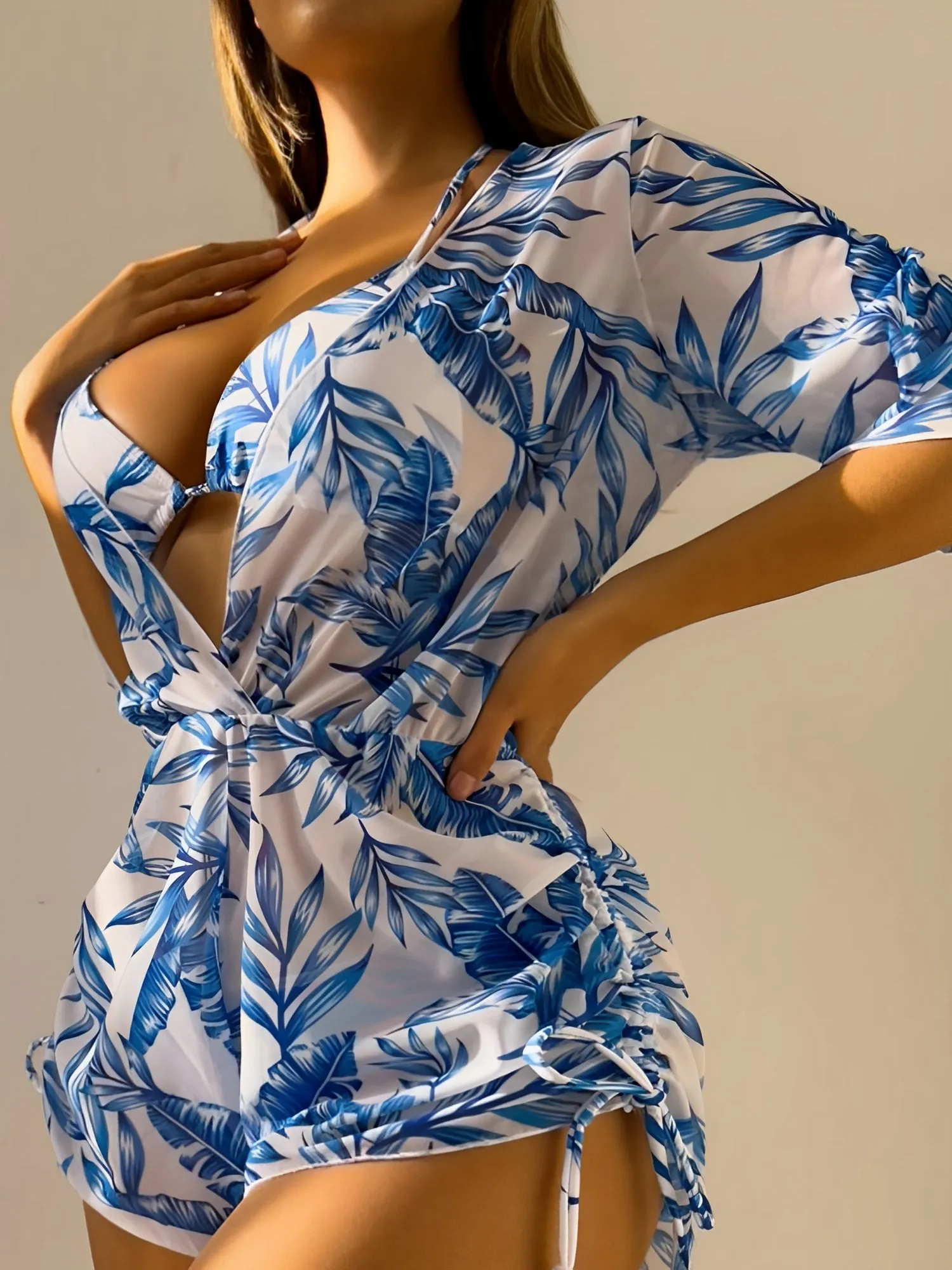 3 Pieces Halter Lace-Up Bikinis & Printed Beach Cover Ups Set