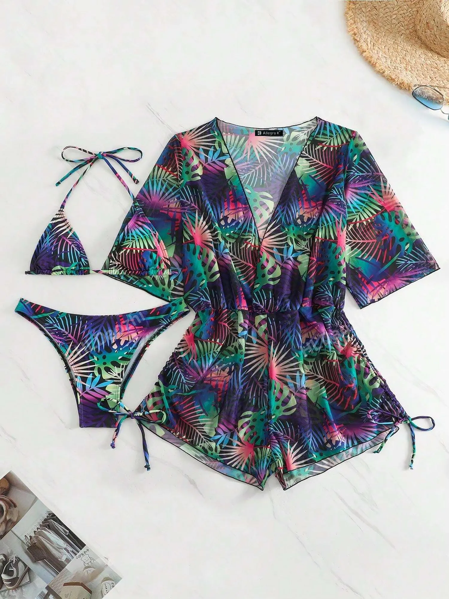 3 Pieces Halter Lace-Up Bikinis & Printed Beach Cover Ups Set
