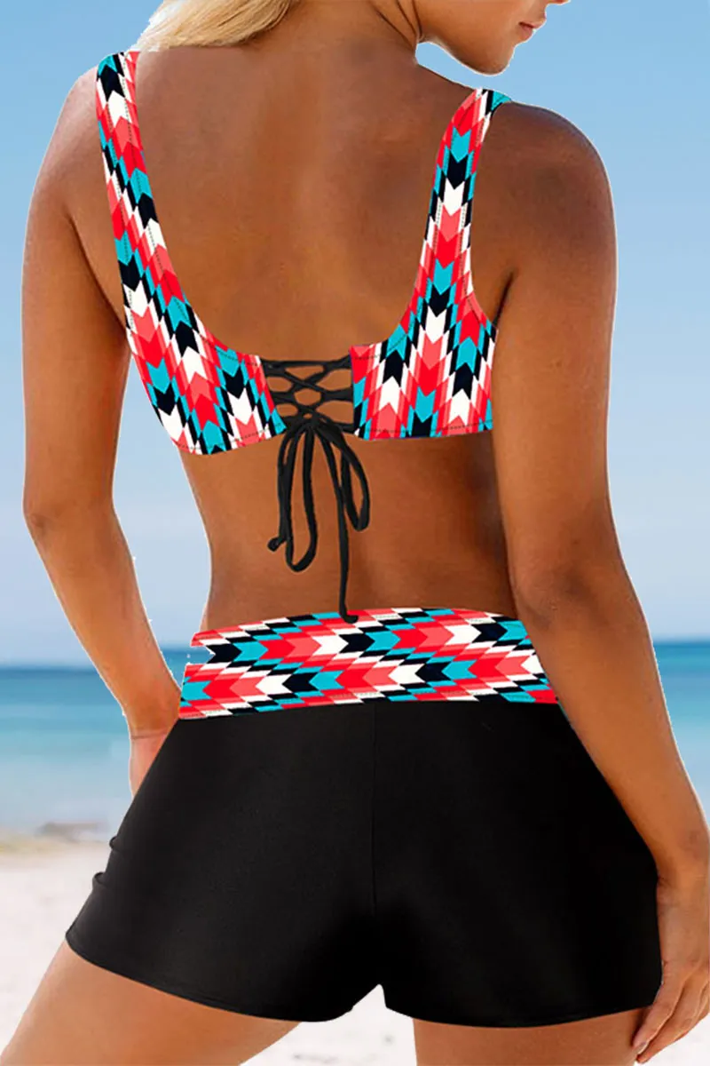 Abstract Print Patchwork Casual Strappy Bikini