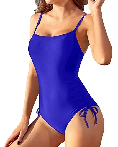 Adjustable Drawstring 1 Piece Swimwear Tummy Control Bathing Suit-Royal Blue