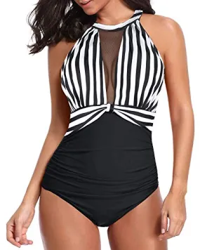Alluring High Neck Mesh Women's Bathing Suit-Black And White Stripe