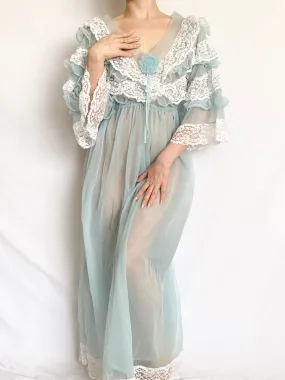 Baby Blue Lace Trim Peignoir Style Nightgown (S/M)