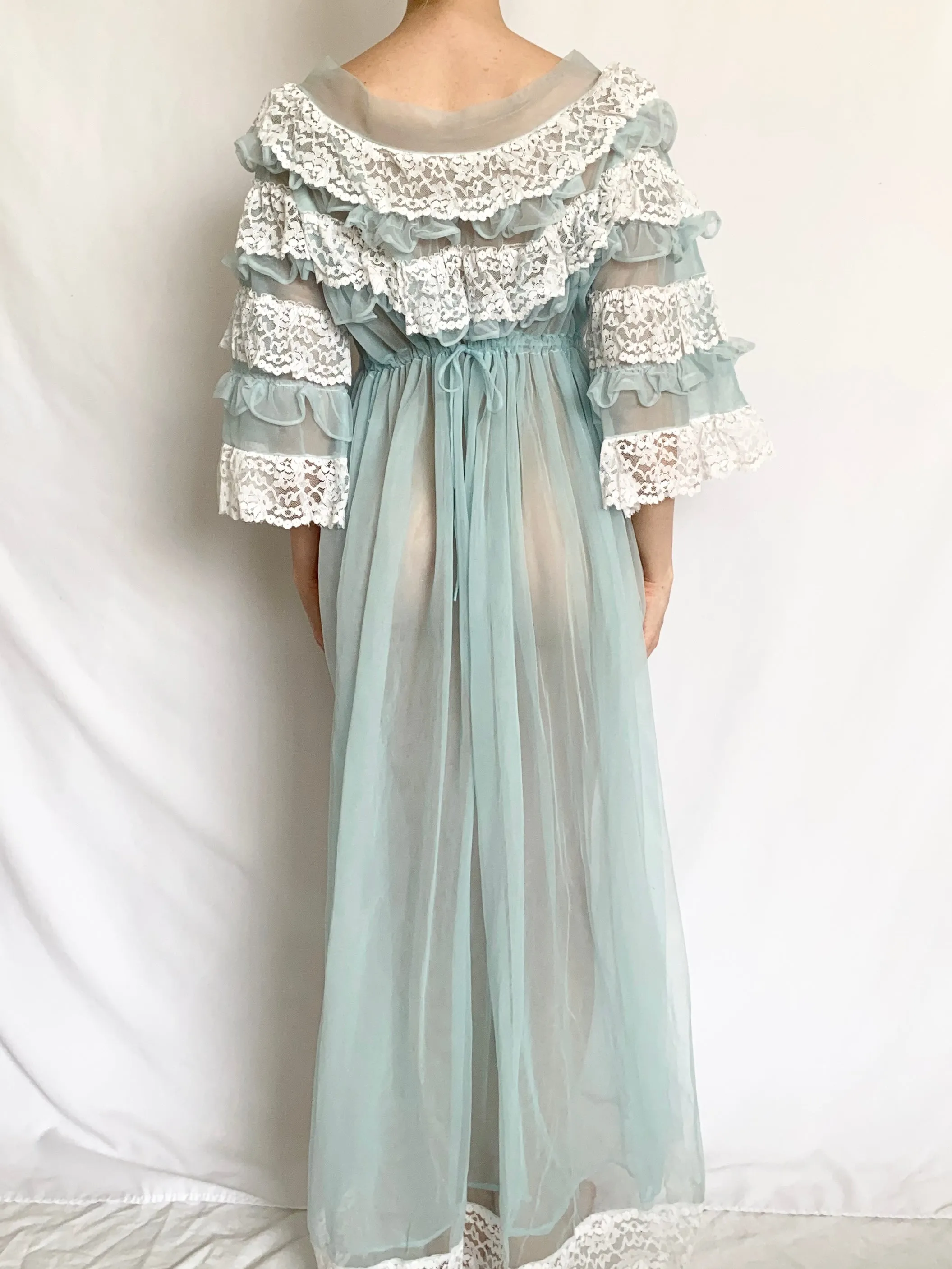 Baby Blue Lace Trim Peignoir Style Nightgown (S/M)