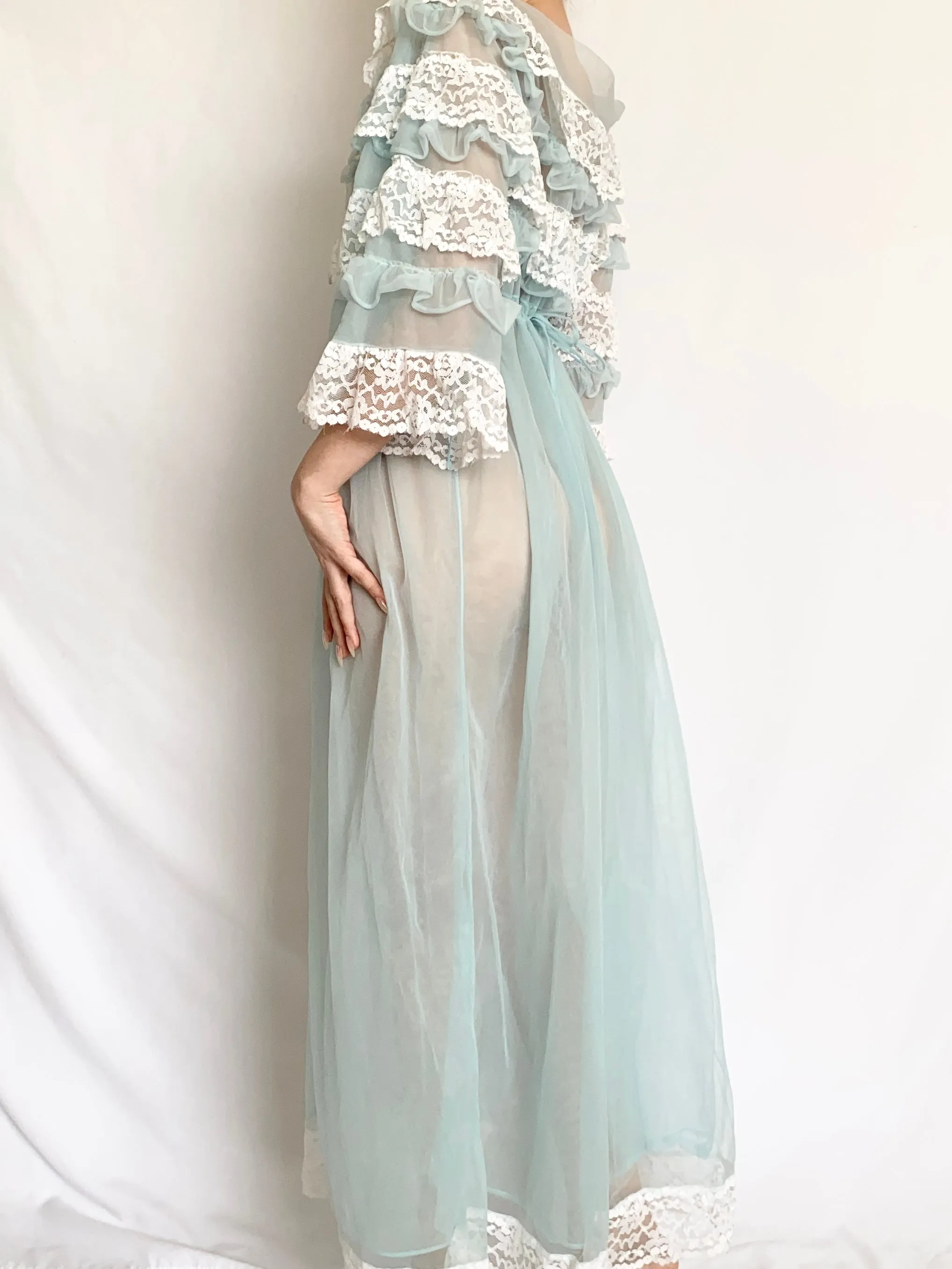Baby Blue Lace Trim Peignoir Style Nightgown (S/M)