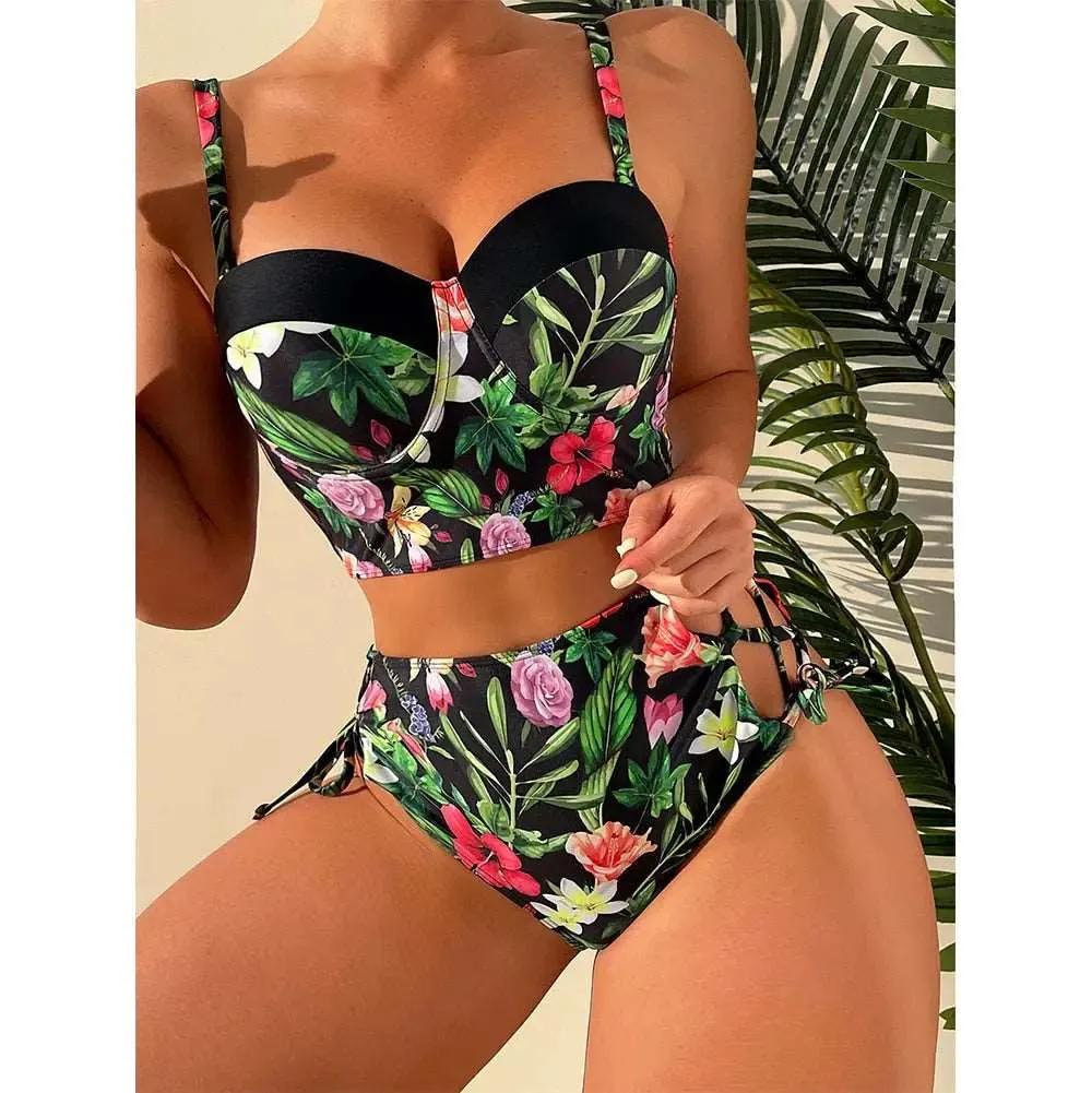 Bikini Swimwear Women Floral Two Pieces Swimsuit Strappy
