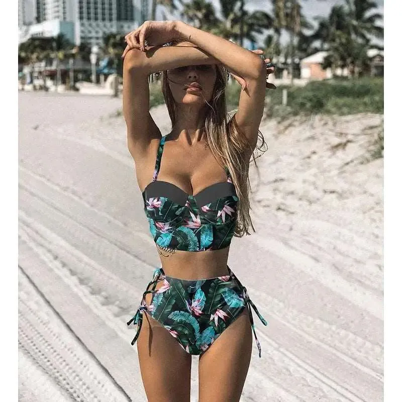 Bikini Swimwear Women Floral Two Pieces Swimsuit Strappy