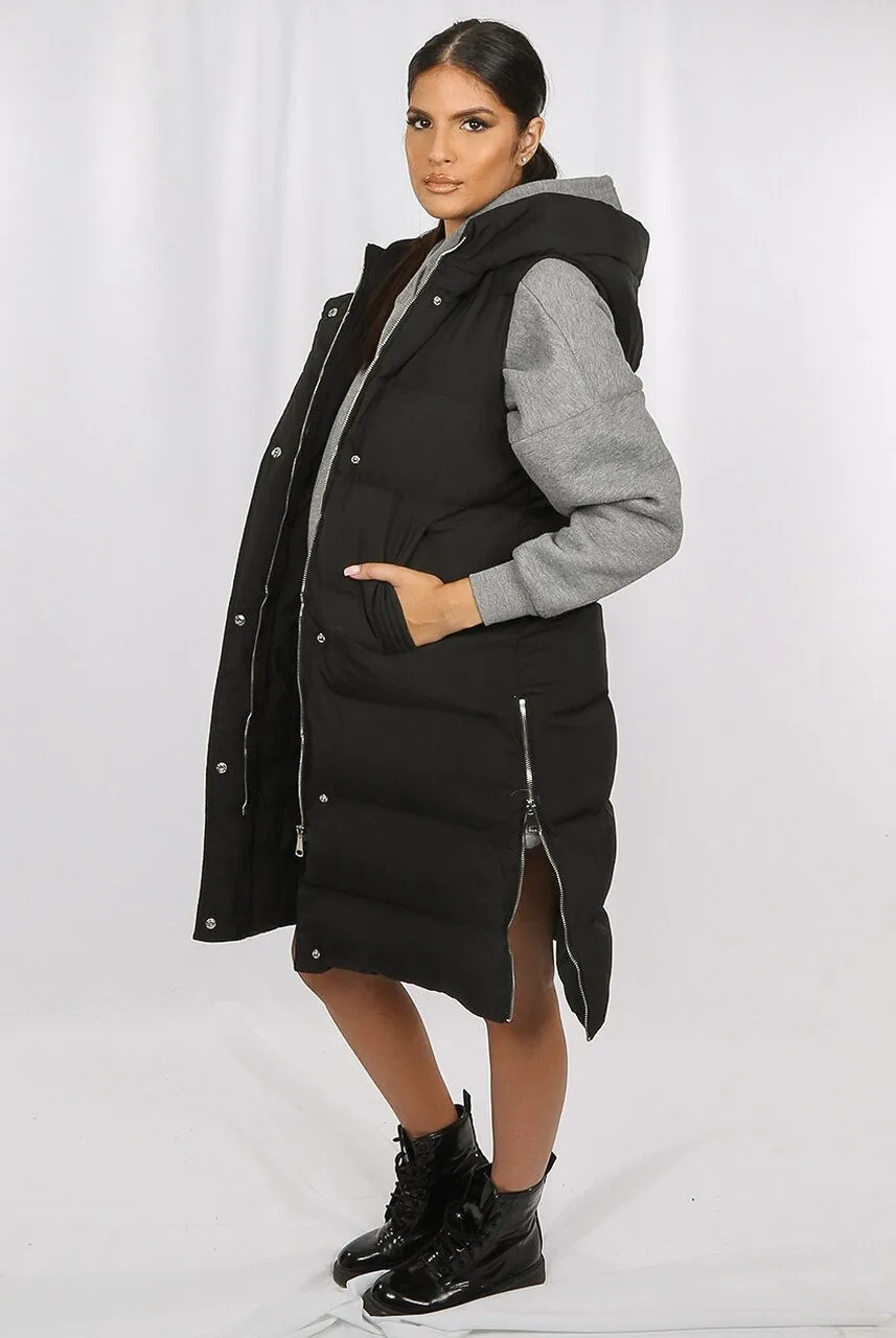Black Longline Padded Hooded Gilet - Jayla