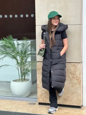 Black Longline Padded Hooded Gilet - Jayla
