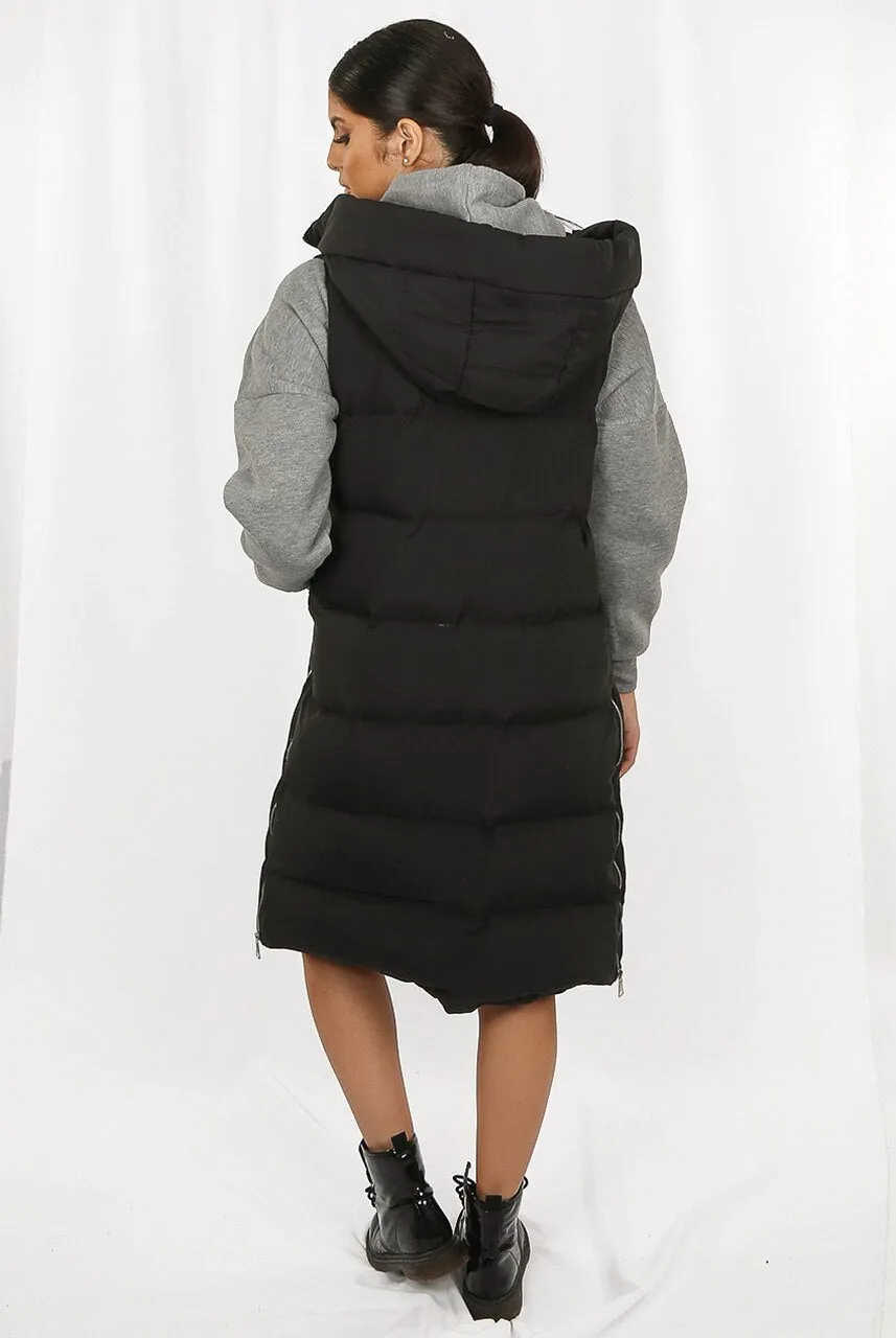 Black Longline Padded Hooded Gilet - Jayla