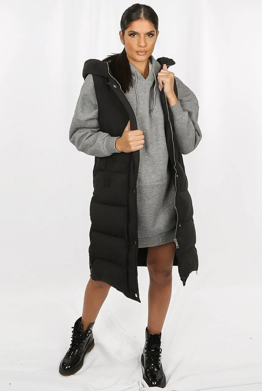 Black Longline Padded Hooded Gilet - Jayla