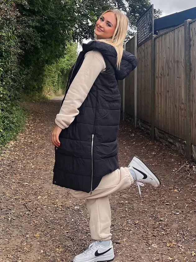 Black Longline Padded Hooded Gilet - Jayla