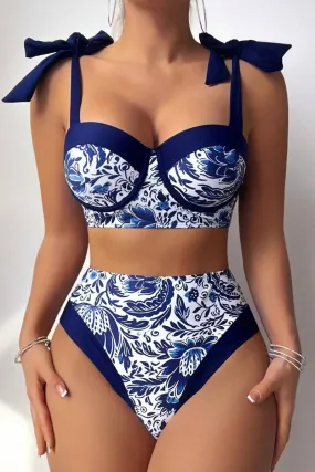 Blue Vintage Floral Print Pretty Tie Shoulder Bikini