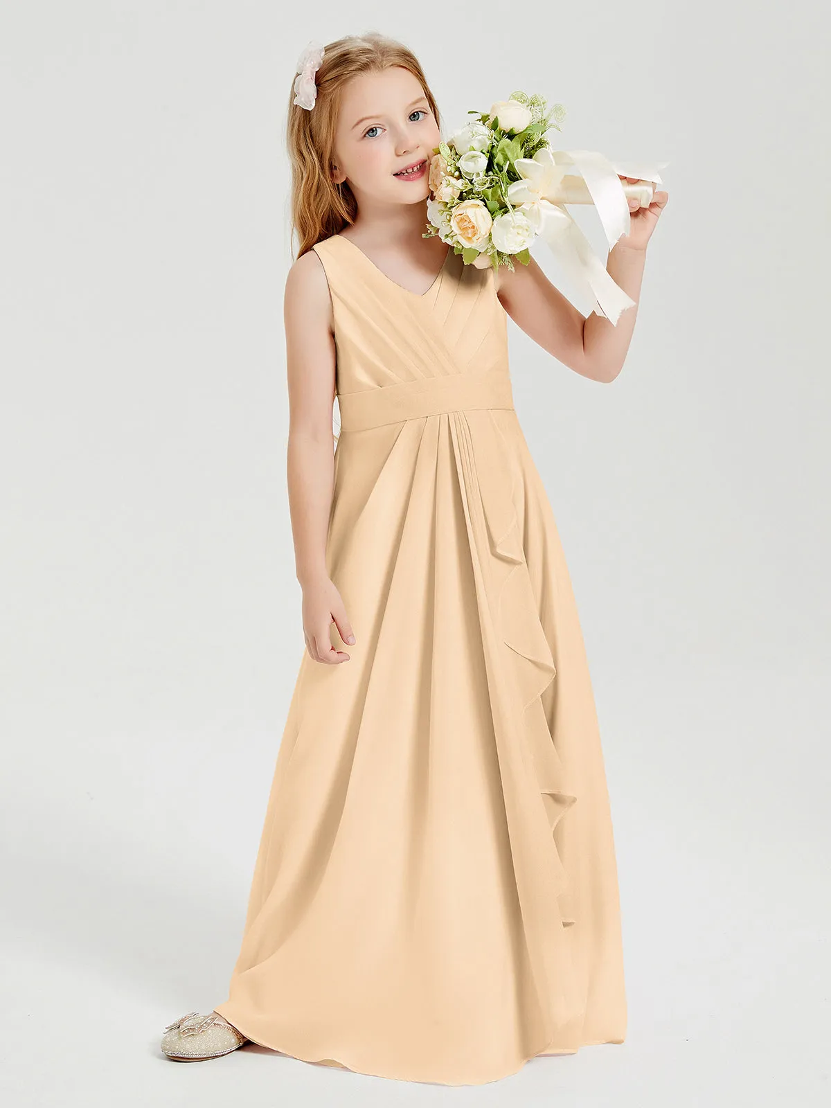 Boho Robes de Demoiselle d'Honneur Longues en Mousseline Pêche