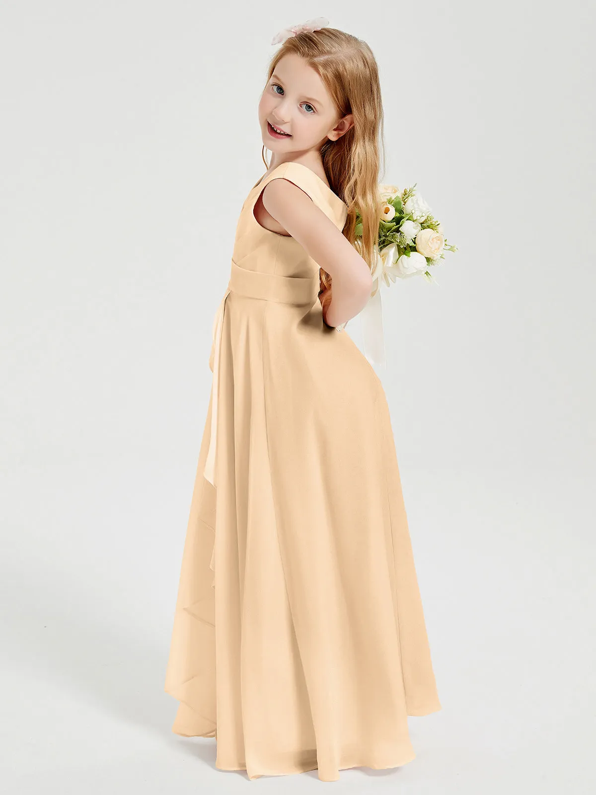 Boho Robes de Demoiselle d'Honneur Longues en Mousseline Pêche