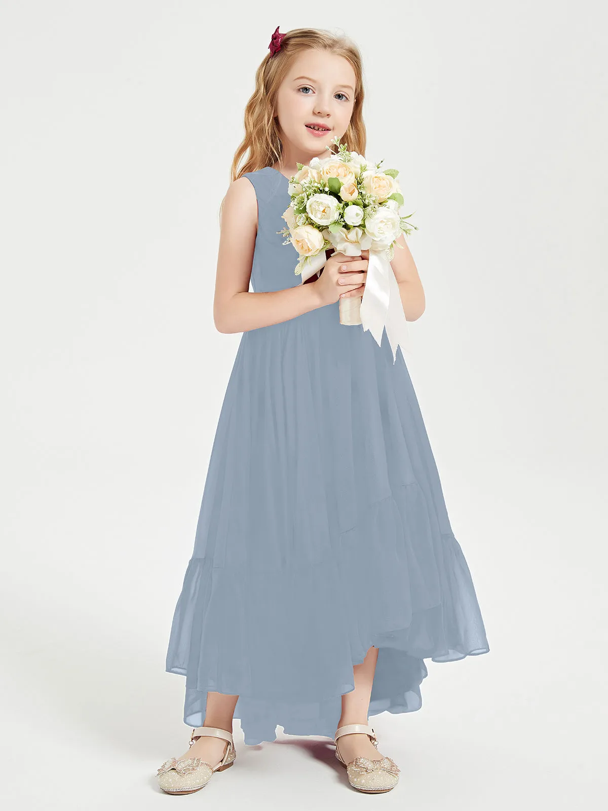Boho Robes de Demoiselles d'Honneur Junior à Jupe en Cascade Bleu Poudré