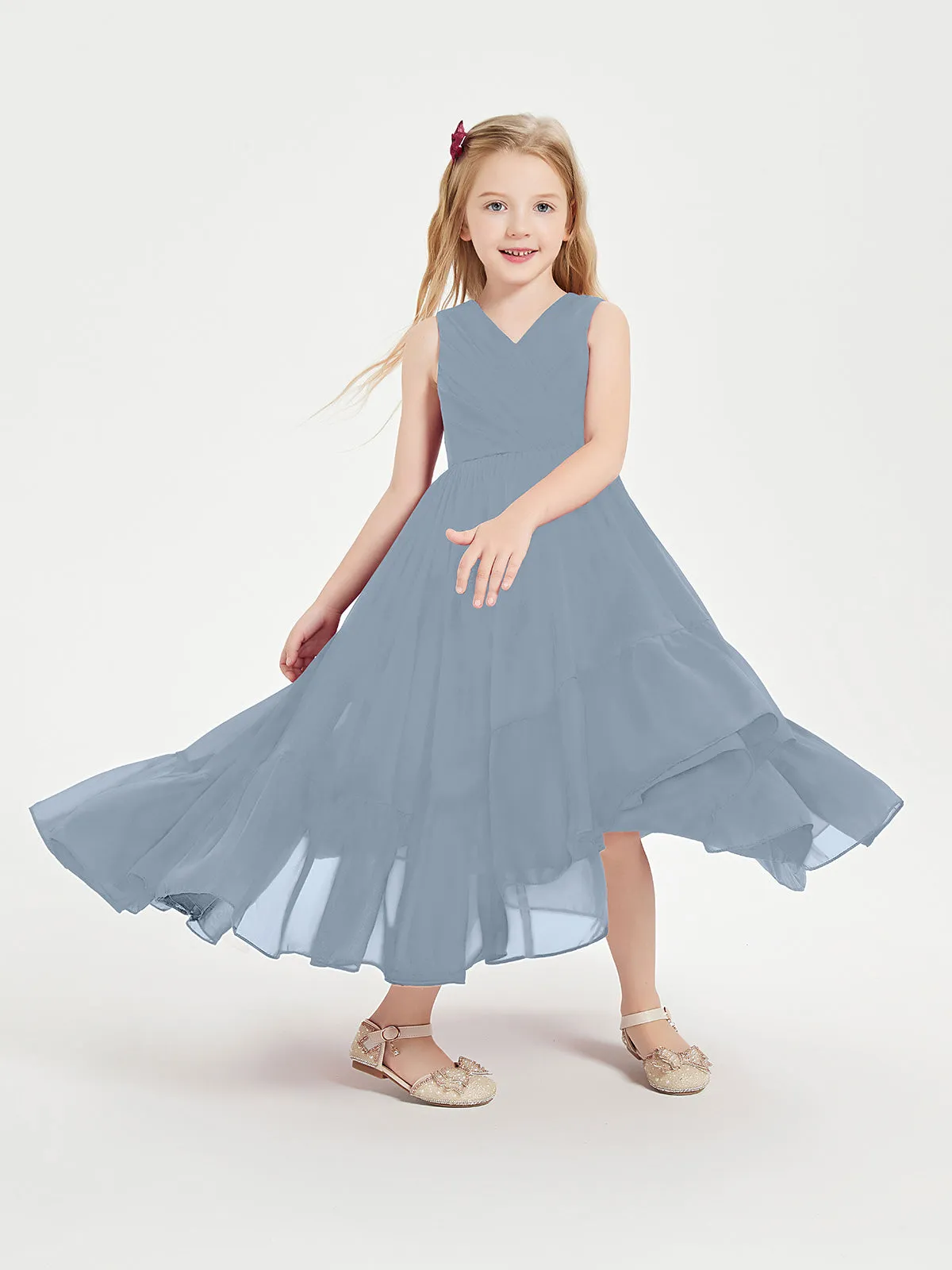 Boho Robes de Demoiselles d'Honneur Junior à Jupe en Cascade Bleu Poudré