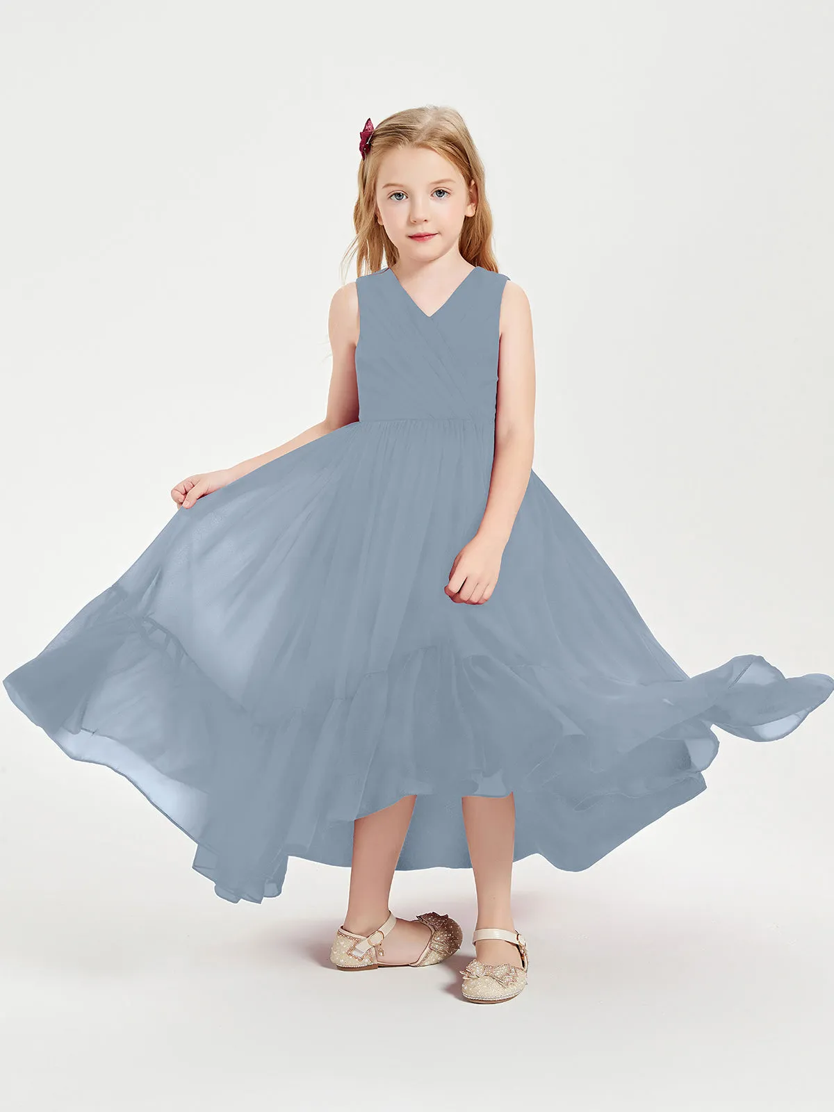 Boho Robes de Demoiselles d'Honneur Junior à Jupe en Cascade Bleu Poudré