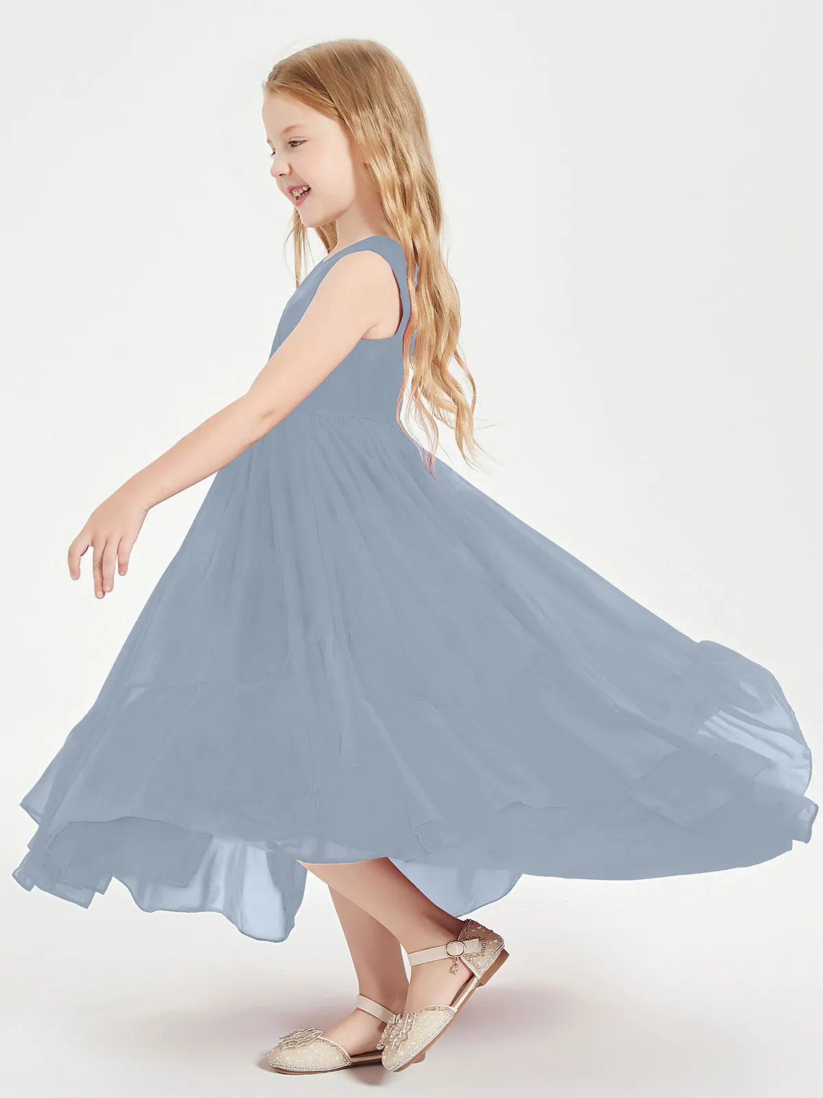 Boho Robes de Demoiselles d'Honneur Junior à Jupe en Cascade Bleu Poudré
